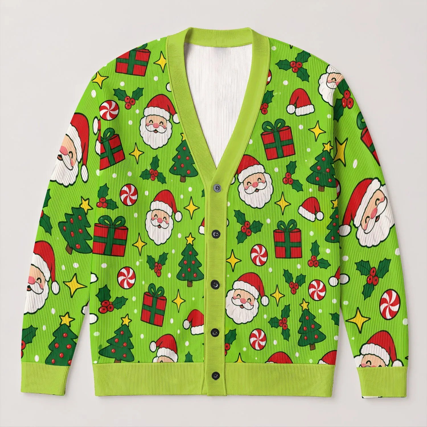 Santa Faces, Gifts And Holiday Trees For Cozy Christmas Gatherings, Women's Festive Style All-over Print Knitted Cardigan - 1