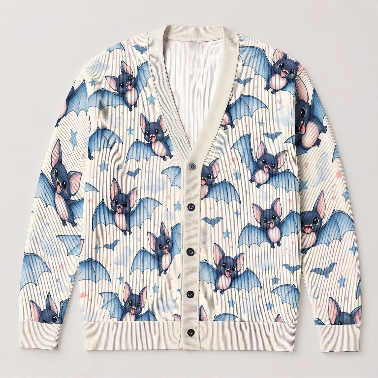 Cute Blue Bat Night Friends For Cozy Autumn Layering And Casual Halloween Wear For Women All-over Print Knitted Cardigan - 1