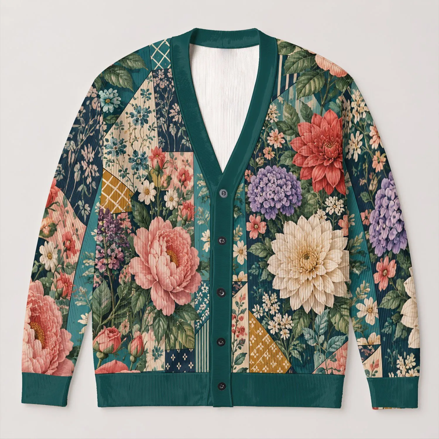 Vintage Floral Patchwork Blooms for Layered Spring Outfits and Everyday Women's Style All-over Print Knitted Cardigan - 1