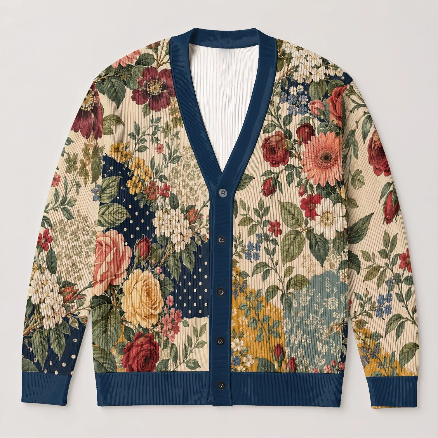 Vintage Floral Patchwork Blooms for Everyday Layering, Spring Outings and Gift Giving All-over Print Knitted Cardigan - 1