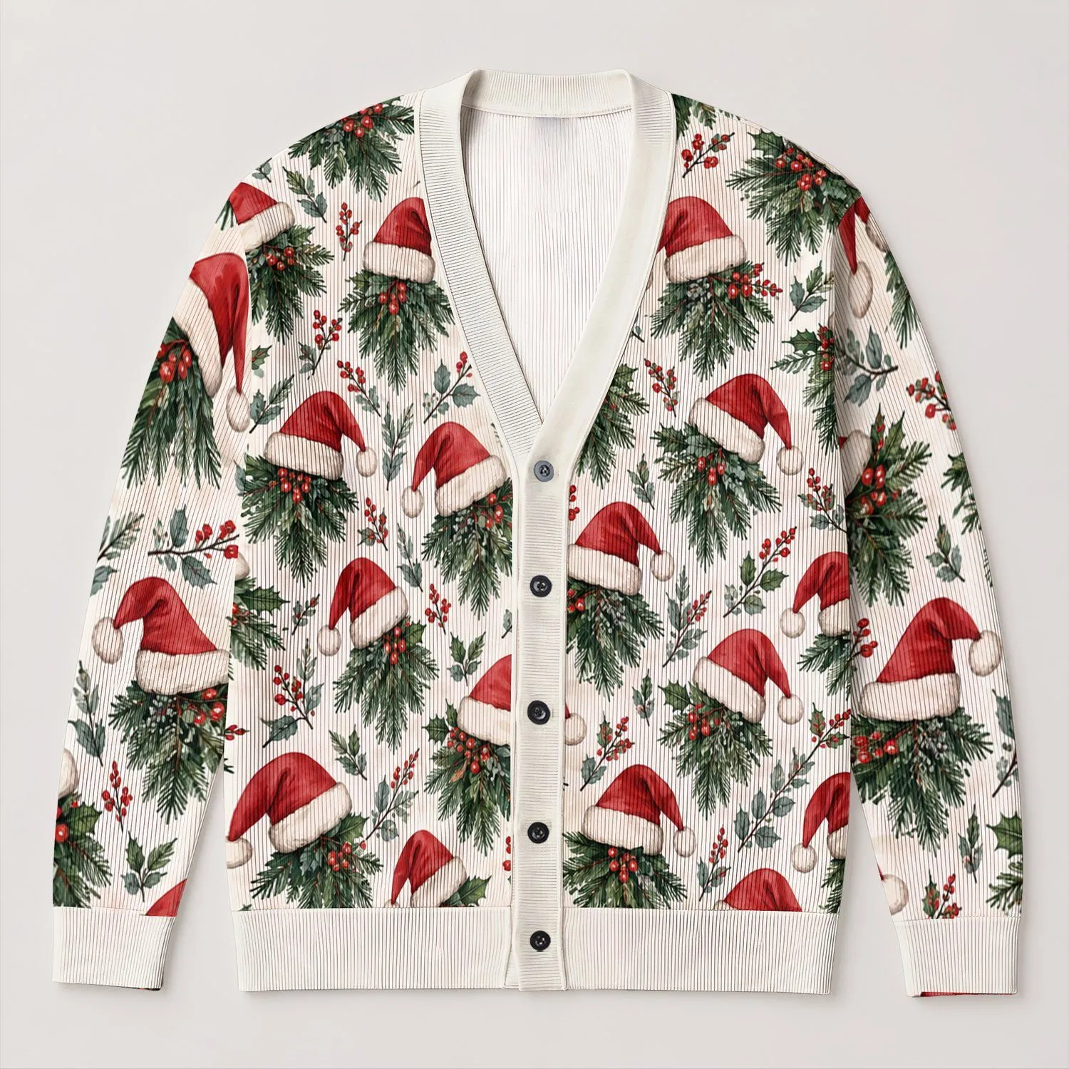 Santa Hat Greenery Holiday Cheer For Winter Layering And Festive Gatherings For Women All-over Print Knitted Cardigan - 1