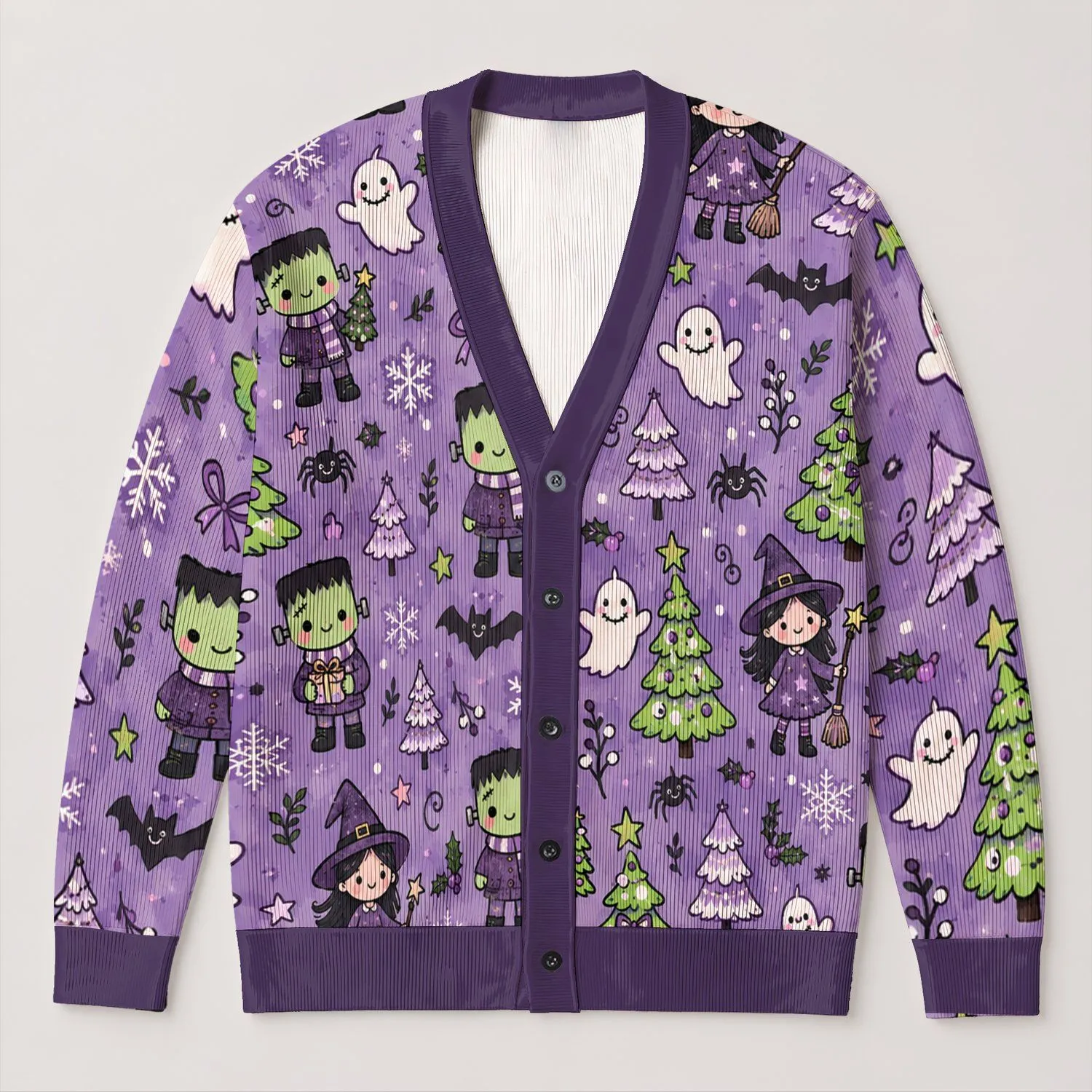 Friendly Monster Holiday Scene for Cozy Winter Gatherings and Playful Everyday Style All-over Print Knitted Cardigan - 1