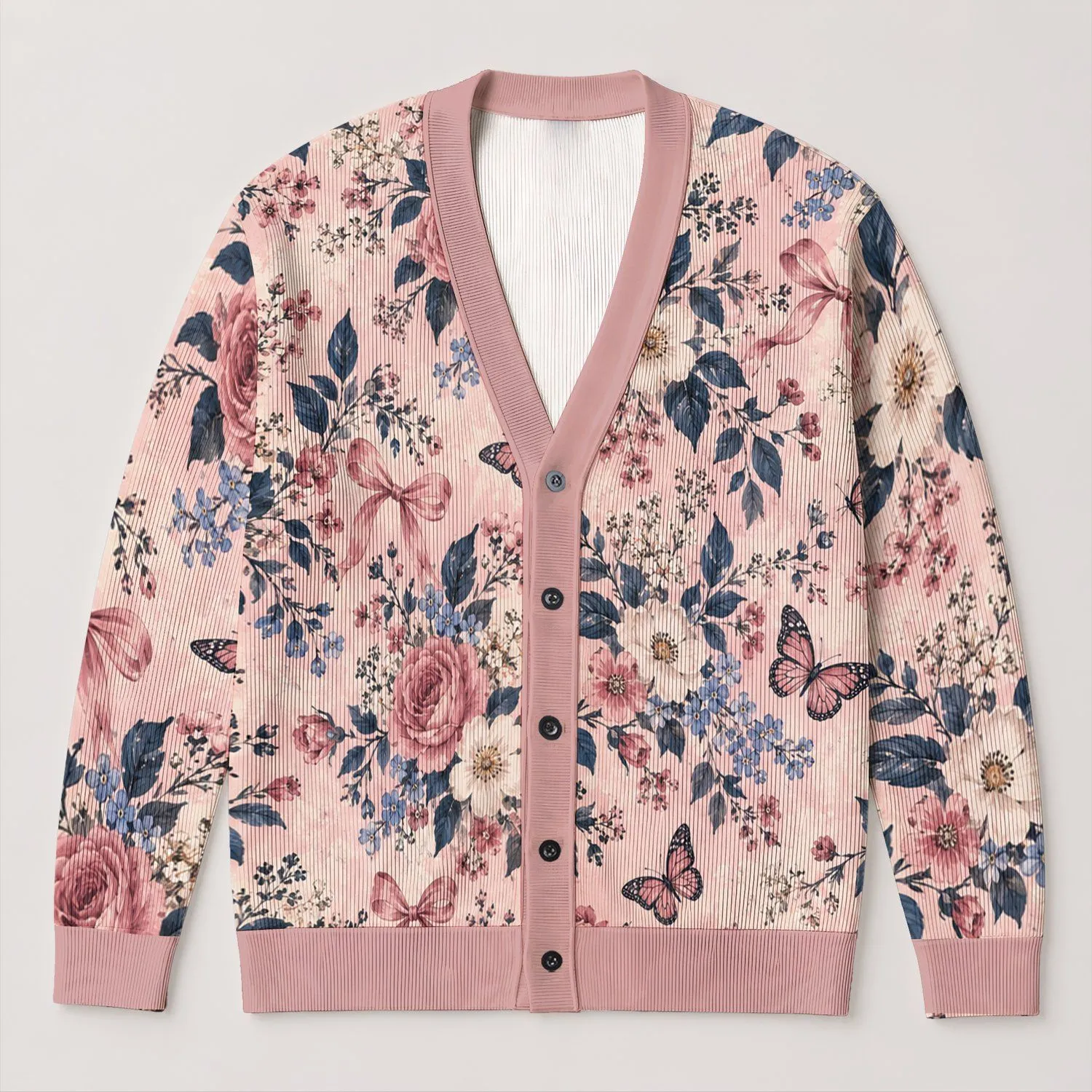 Vintage Roses, Butterflies And Ribbon Bows For Romantic Everyday Layering, Women All-over Print Knitted Cardigan - 1
