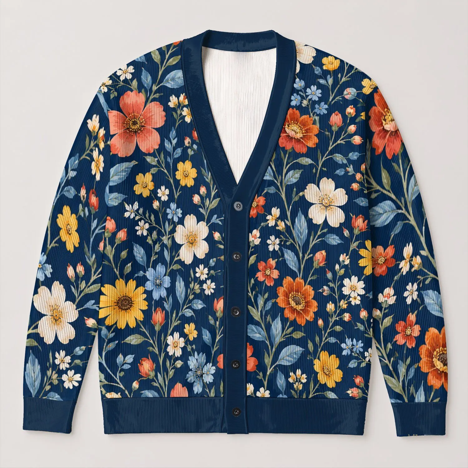 Navy Wildflower Blooms for Cozy Autumn Layering and Everyday Country Style for Her All-over Print Knitted Cardigan - 1