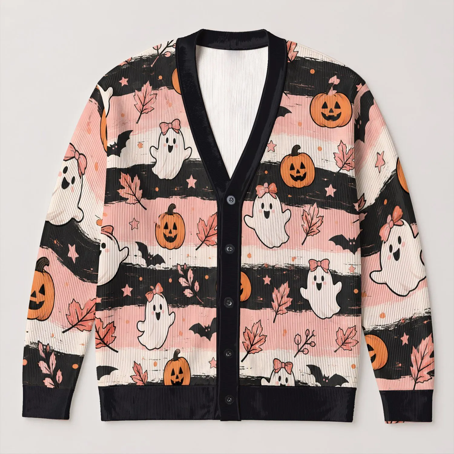 Pink Ghost Pumpkin Halloween Leaves for Cozy Autumn Layering and Party Style Outfits All-over Print Knitted Cardigan - 1