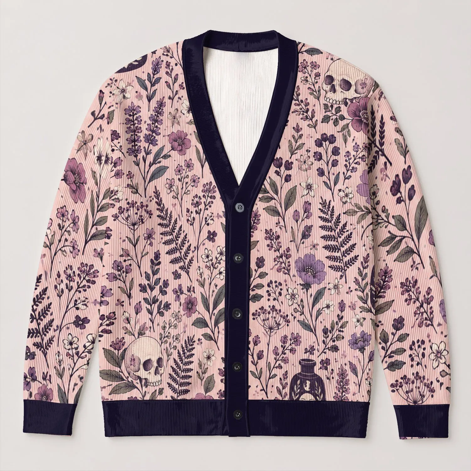 Purple Botanical Skull Motifs for Autumn Layering, Casual Gothic Style, and Cozy Outings All-over Print Knitted Cardigan - 1