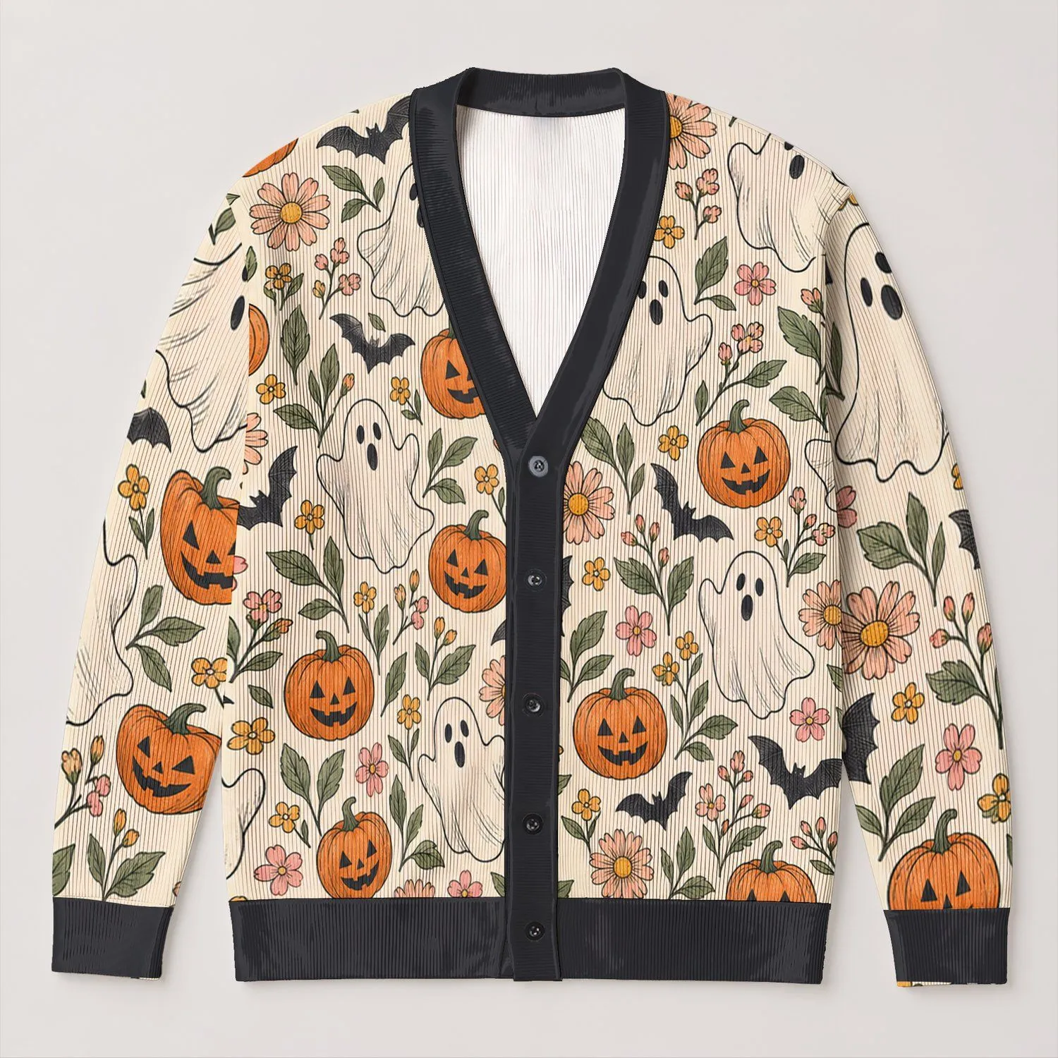 Halloween Ghost Pumpkin Bat Florals For Cozy Autumn Layering Women's Seasonal Style All-over Print Knitted Cardigan - 1