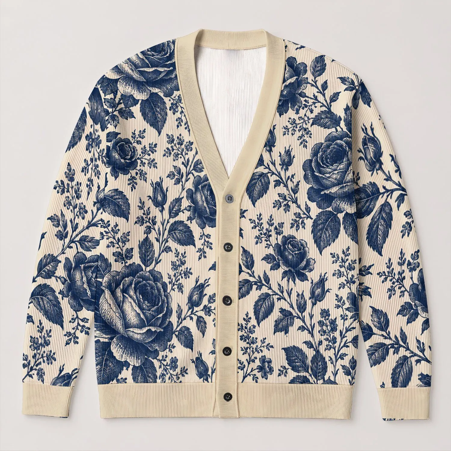 Navy Rose Botanical Elegance for Cozy Autumn Layering, Women’s Vintage Floral Style All-over Print Knitted Cardigan - 1