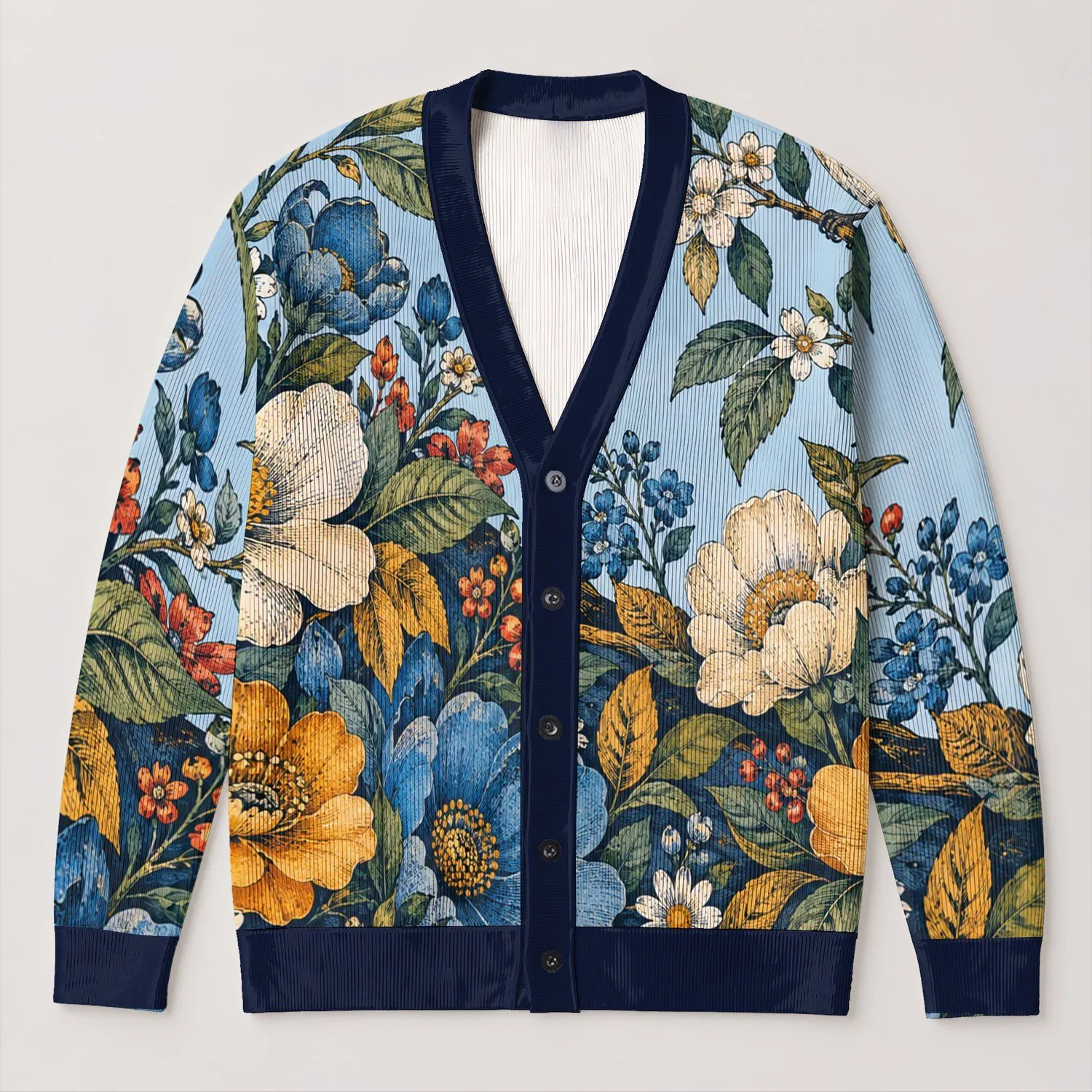 Blue Bird and Wildflower Garden for Relaxed Autumn Layering, Women’s Everyday Style All-over Print Knitted Cardigan - 1