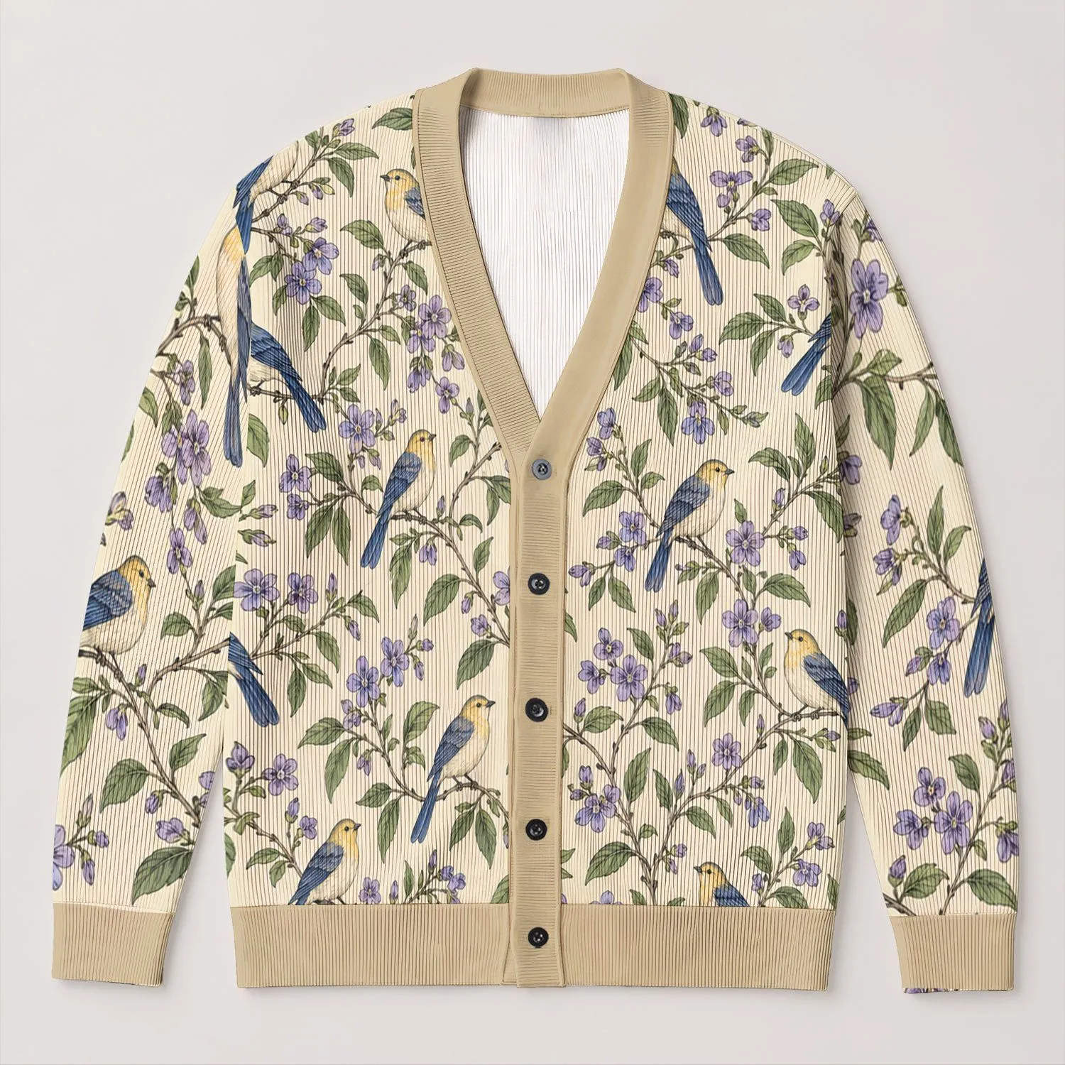 Birds And Violet Blooms For Relaxed Autumn Layering, Botanical Nature Lover Style All-over Print Knitted Cardigan - 1