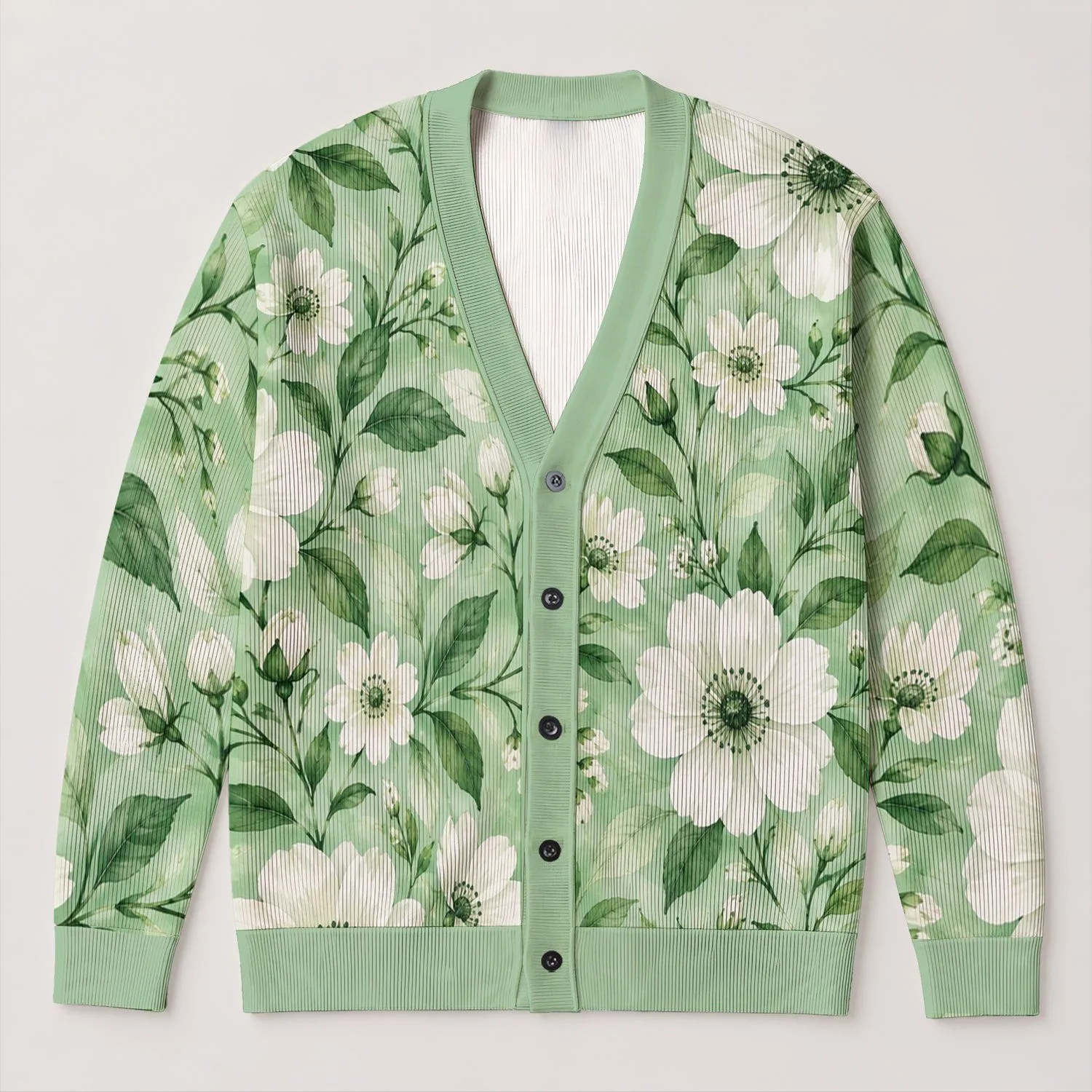 Mint Green White Floral Garden Style For Everyday Layering And Spring Outings For Women All-over Print Knitted Cardigan - 1