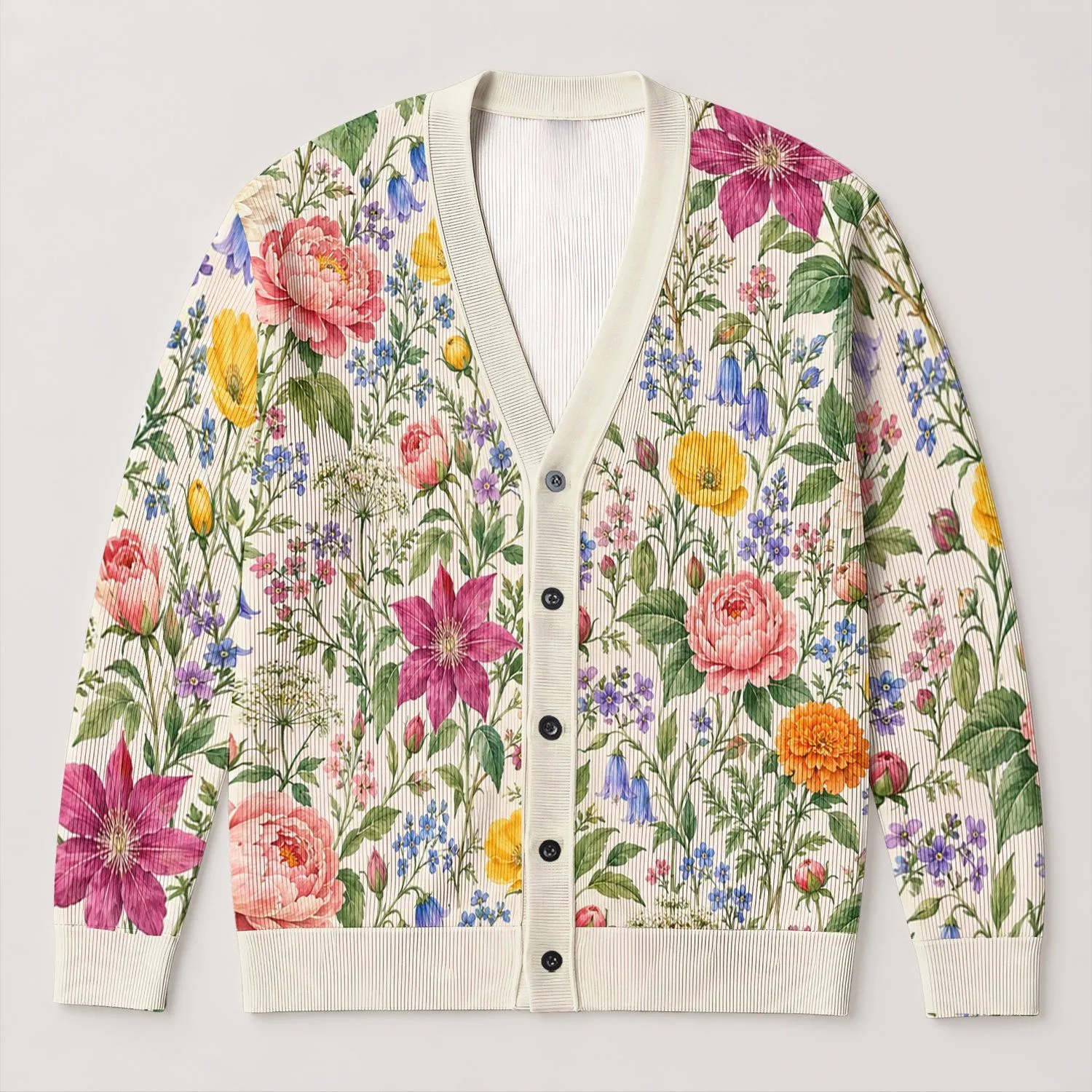 Watercolor Wildflower Garden Blooms for Fresh Spring Everyday Layering and Gifting Women All-over Print Knitted Cardigan - 1