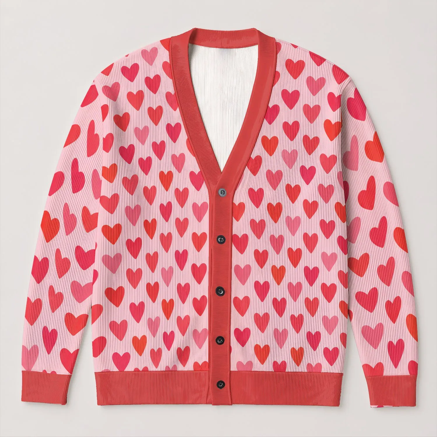 Coral Heart Motif Valentine's Day Casual Layering Women's Autumn Winter Gift Style All-over Print Knitted Cardigan - 1