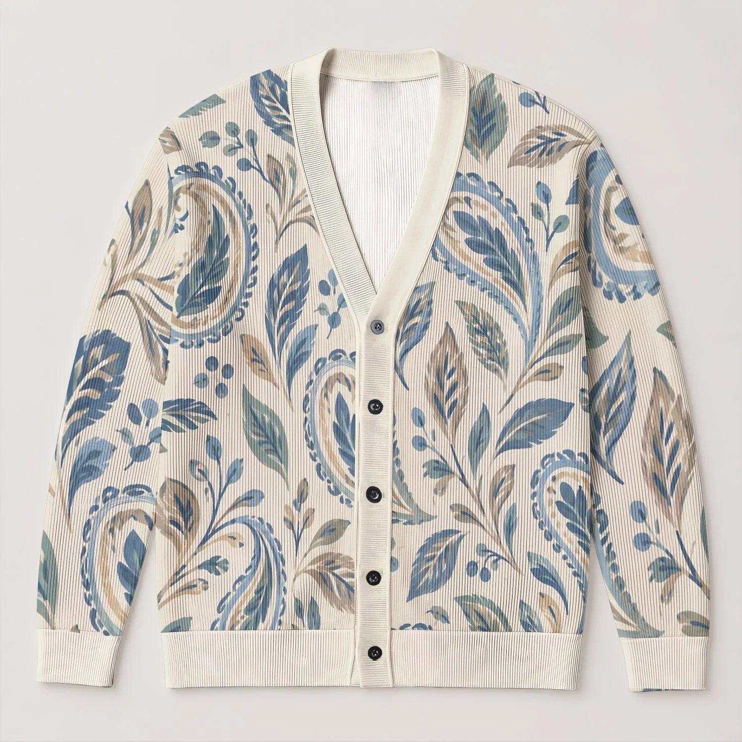 Blue White Paisley Boho Style For Casual Office Layering Women Spring Fall Everyday All-over Print Knitted Cardigan - 1