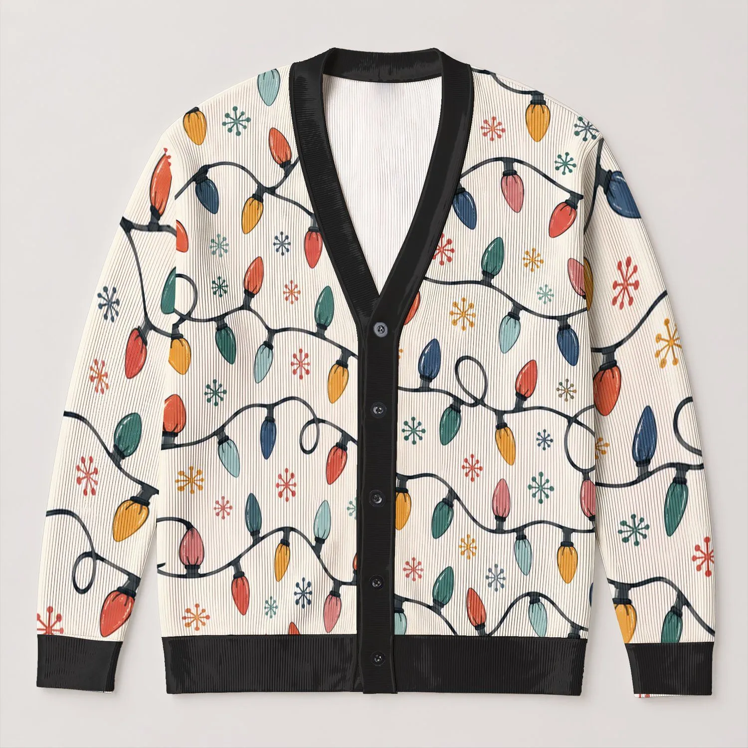 Multicolor Holiday Light Strings and Snowflake Motifs for Cozy Winter Parties and Nights All-over Print Knitted Cardigan - 1