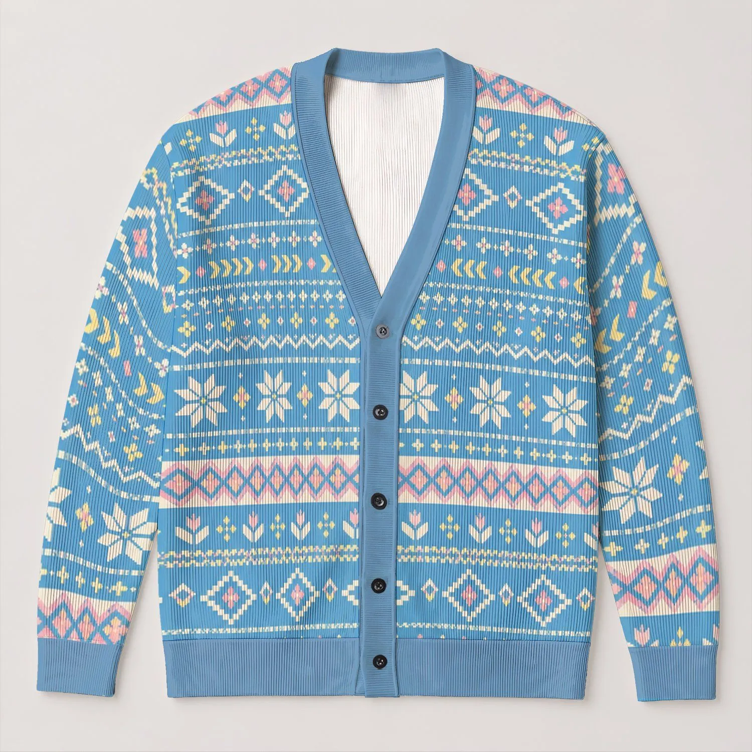 Pastel Nordic Geometric Motifs for Casual Layering and Everyday Travel Wear Women All-over Print Knitted Cardigan - 1
