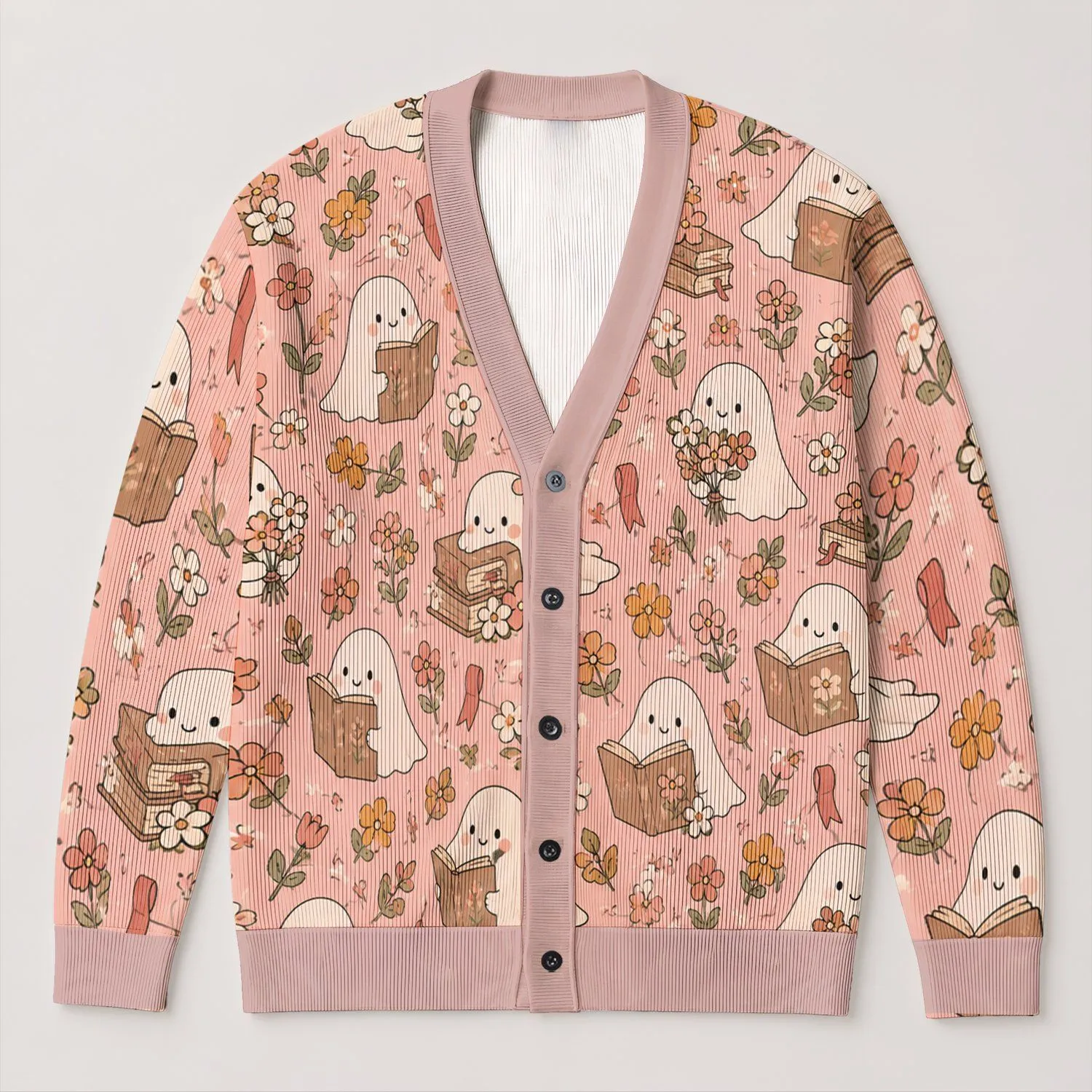 Cute Ghost Book Lover Floral Cozy Autumn Winter Layering Style For Avid Readers All-over Print Knitted Cardigan - 1