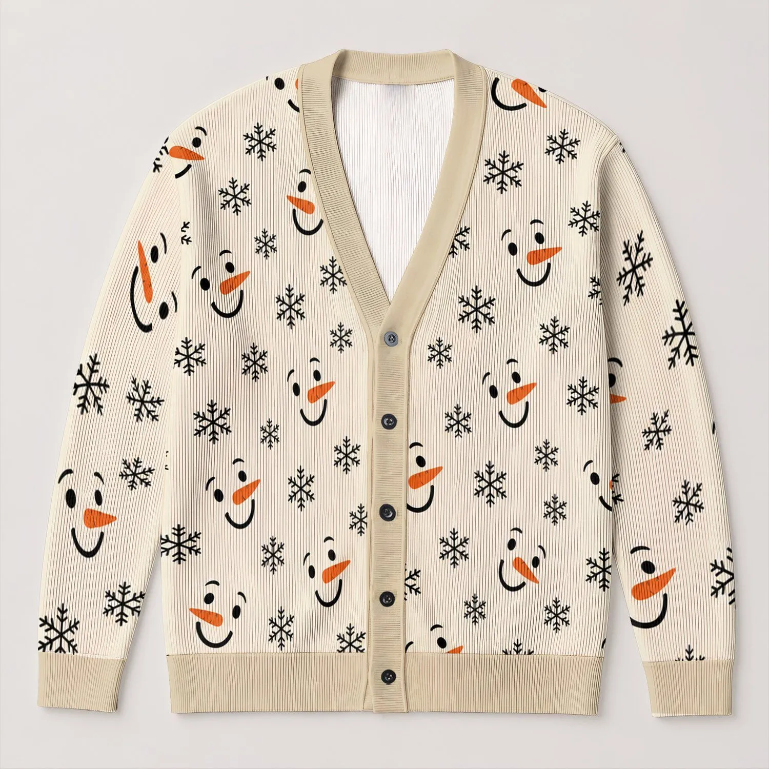 Snowman Faces And Black Snowflakes For Cozy Winter Holiday Layering, Women’s Gift All-over Print Knitted Cardigan - 1