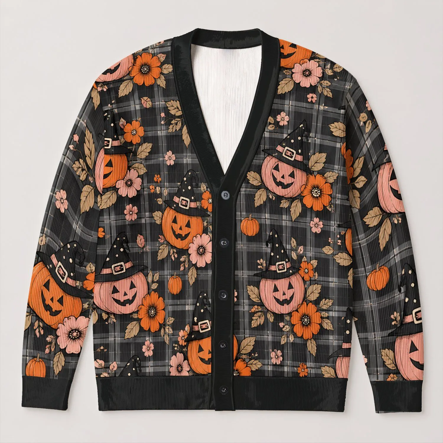 Halloween Pumpkin Witch Hat Floral Autumn Style for Women Cozy Everyday Layering All-over Print Knitted Cardigan - 1