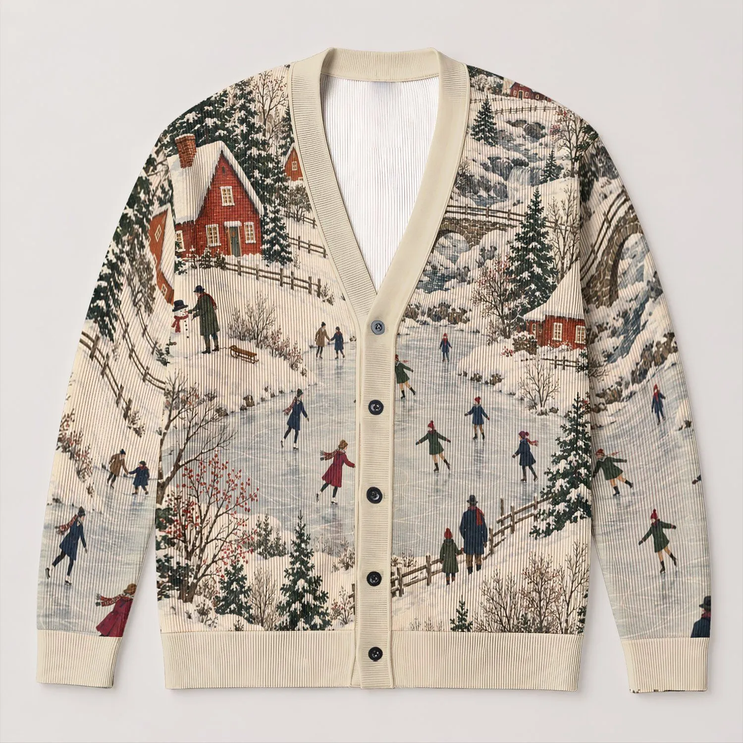 Snowy Village Skaters Winter Scene For Cozy Holiday Layering, Women’s Autumn Style All-over Print Knitted Cardigan - 1
