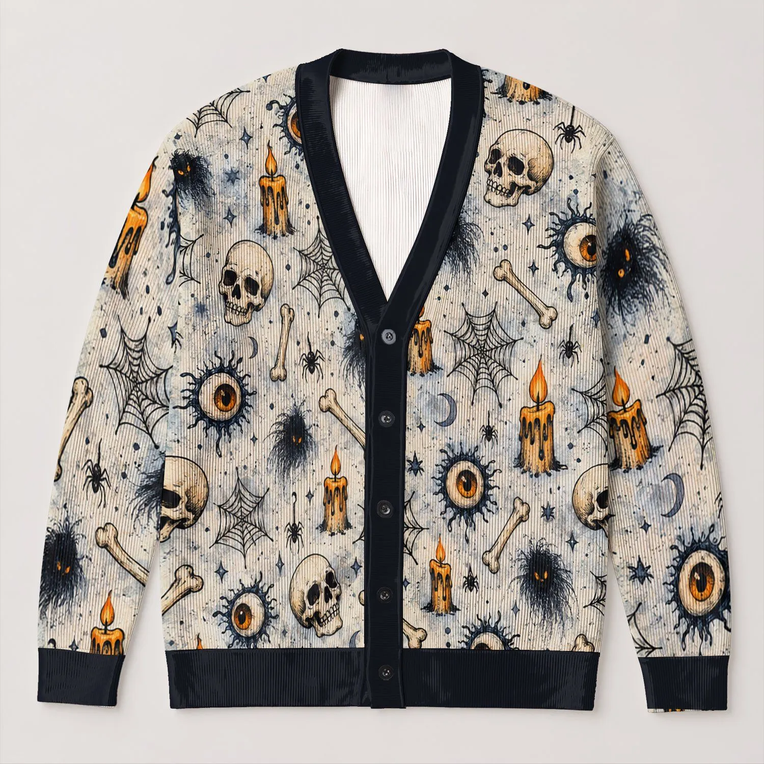 Haunted Skull And Watchful Eye Motifs For Spooky Autumn Layering And Casual Style, Women All-over Print Knitted Cardigan - 1