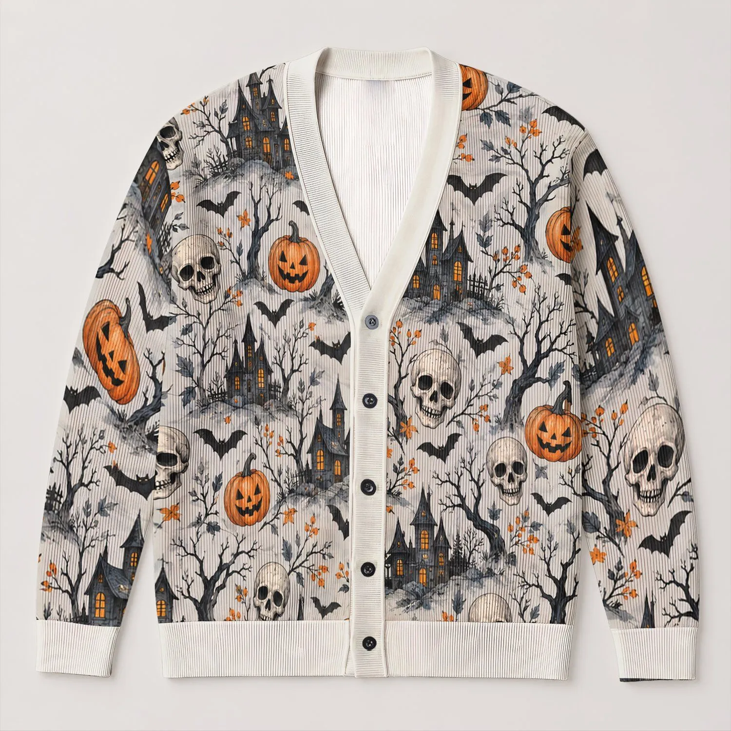 Haunted Houses, Skulls And Pumpkins For Halloween Gatherings And Autumn Layering All-over Print Knitted Cardigan - 1