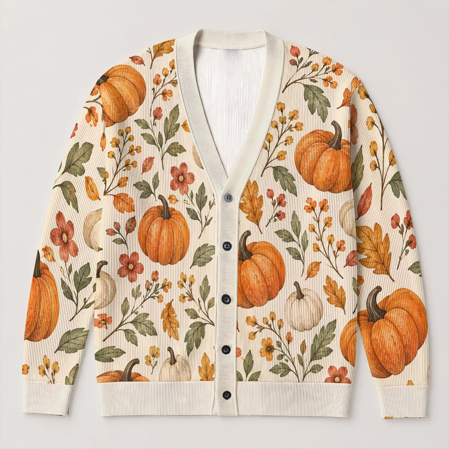Pumpkins And Wildflowers For Cozy Autumn Layering At Thanksgiving Gatherings For Women All-over Print Knitted Cardigan - 1