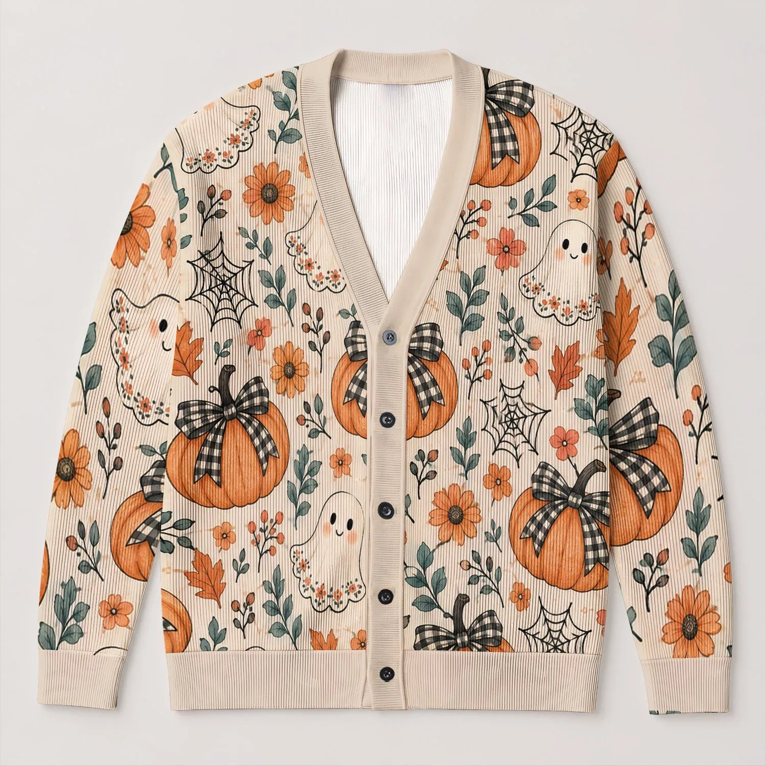 Pumpkins, Ghosts And Floral Bows For Cozy Autumn Halloween Gatherings And Layering All-over Print Knitted Cardigan - 1