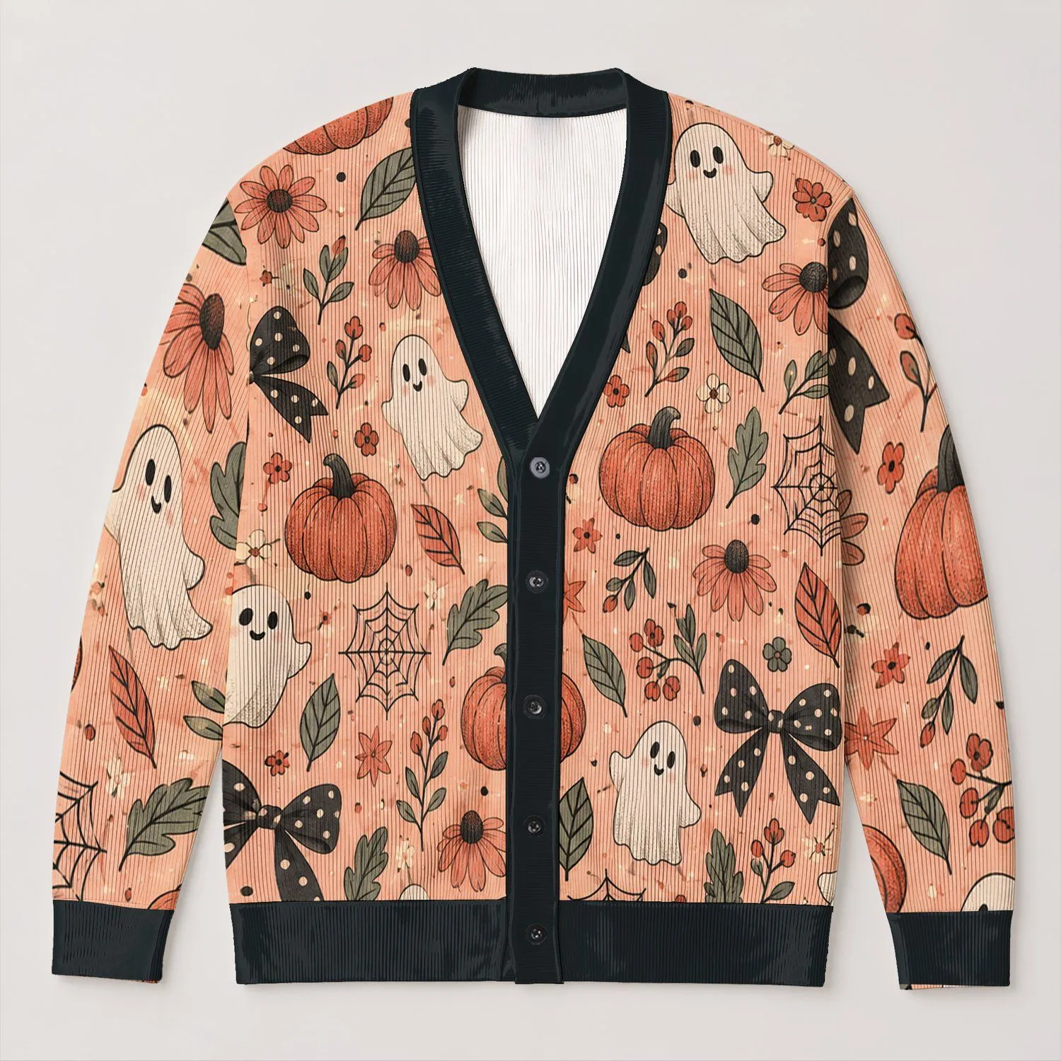 Pumpkins, Ghosts And Bows For Cozy Halloween Gatherings And Autumn Everyday Wear All-over Print Knitted Cardigan - 1