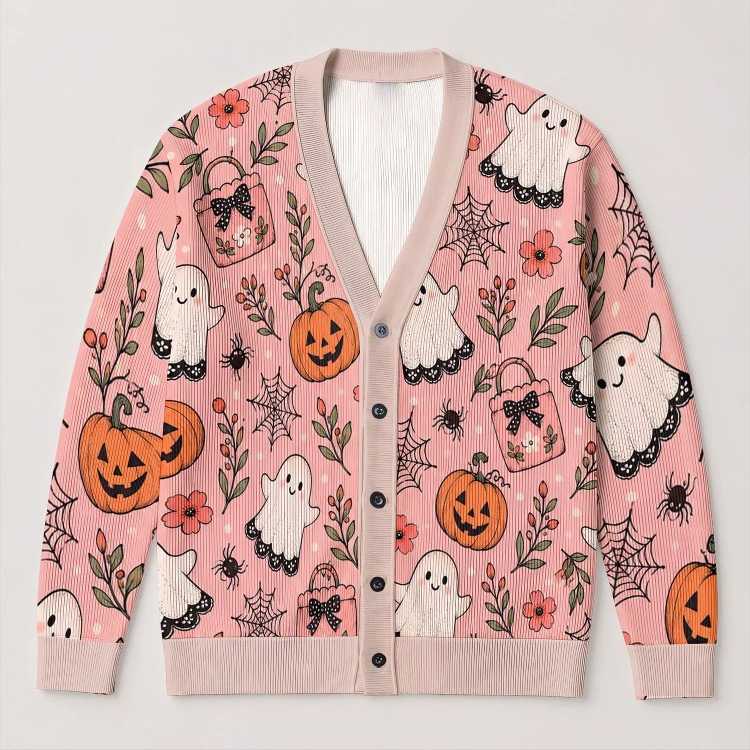 Cute Ghosts And Pumpkins For Cozy Autumn Halloween Seasonal Style For Plus Size Women All-over Print Knitted Cardigan - 1