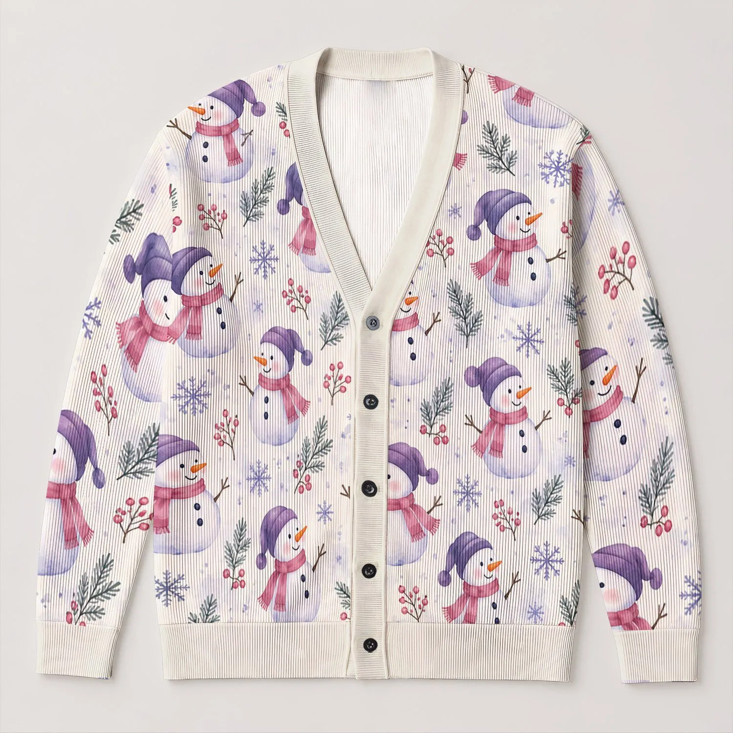 Charming Snowmen in Purple Hats for Cozy Holiday Gatherings and Winter Family Style All-over Print Knitted Cardigan - 1