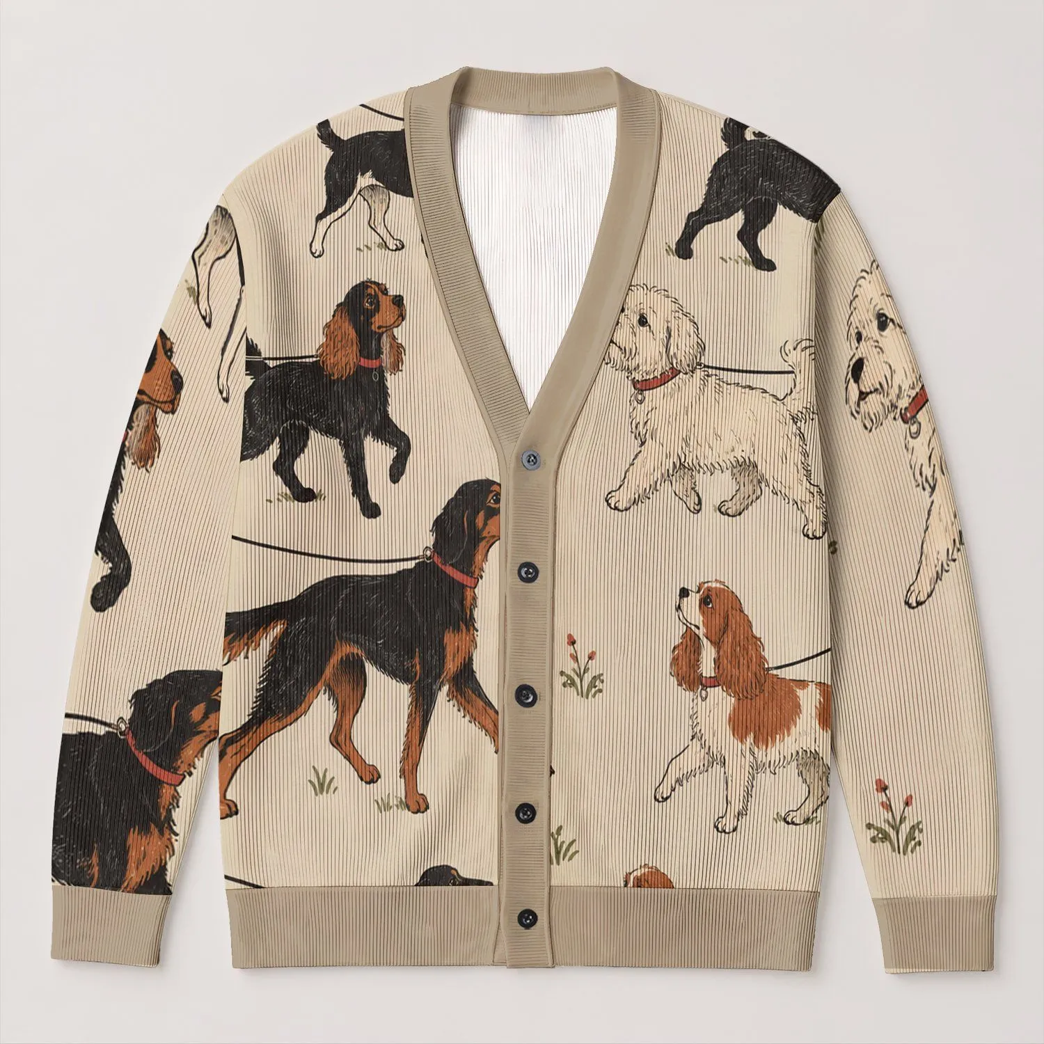 Playful Leashed Dogs for Casual Walks and Everyday Layering, Women’s Relaxed Style All-over Print Knitted Cardigan - 1