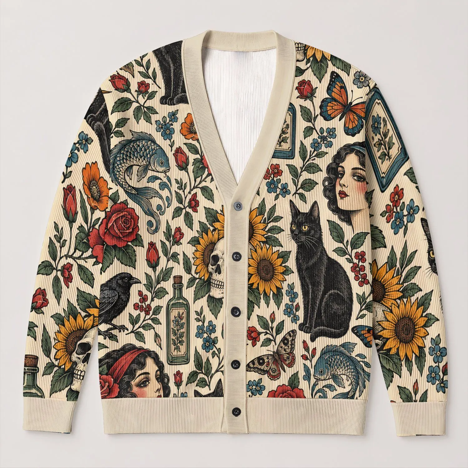 Vintage Skull Floral Butterfly Botanical Style for Casual Everyday Layering Womenswear All-over Print Knitted Cardigan - 1