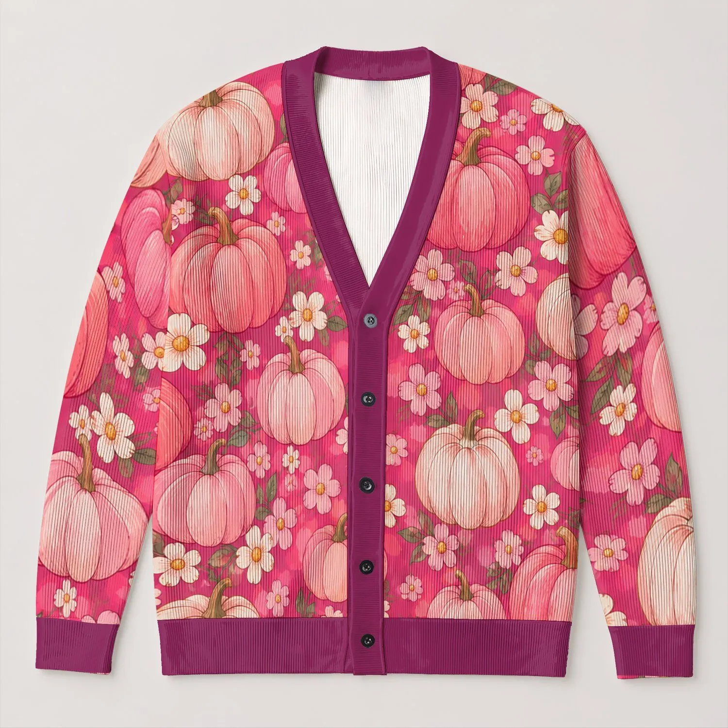 Pink Pumpkin Daisy Harvest for Cozy Autumn Layering, Women’s Casual Everyday Style All-over Print Knitted Cardigan - 1