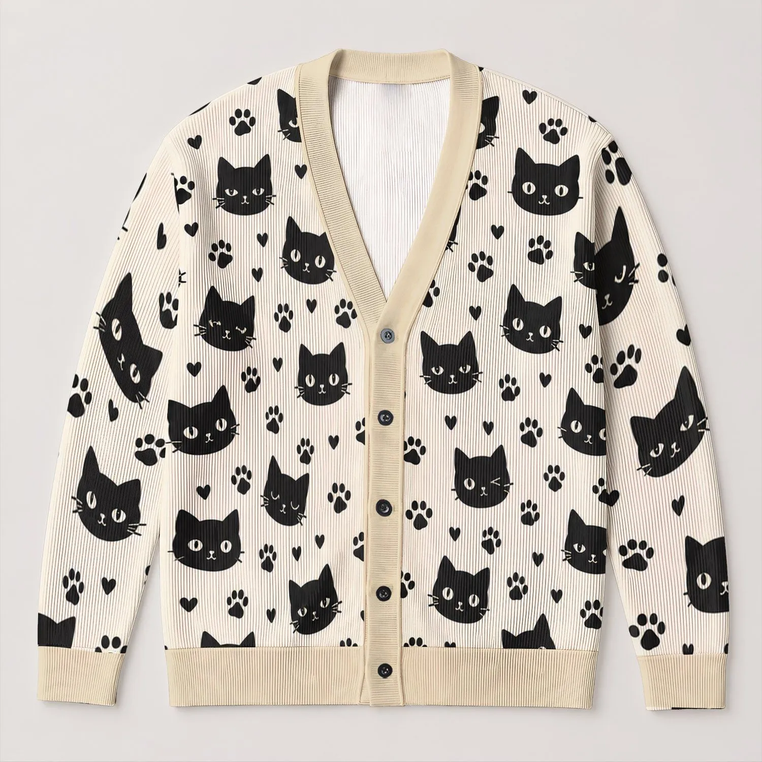 Black Cat and Paw Motifs for Cozy Autumn Layering and Relaxed Women's Everyday Style All-over Print Knitted Cardigan - 1