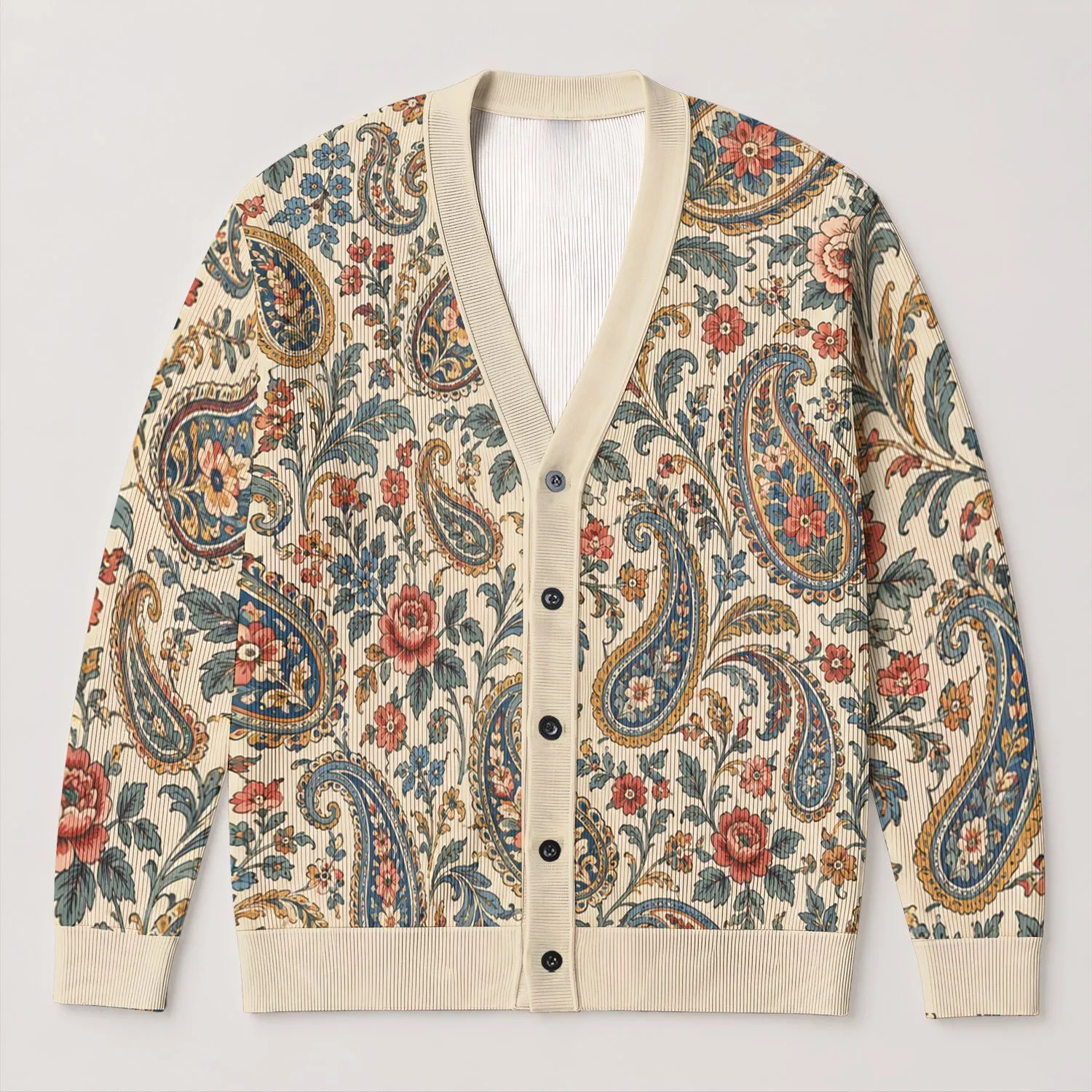 Vintage Paisley Florals for Everyday Layering and Autumn Outings for Women, Boho All-over Print Knitted Cardigan - 1