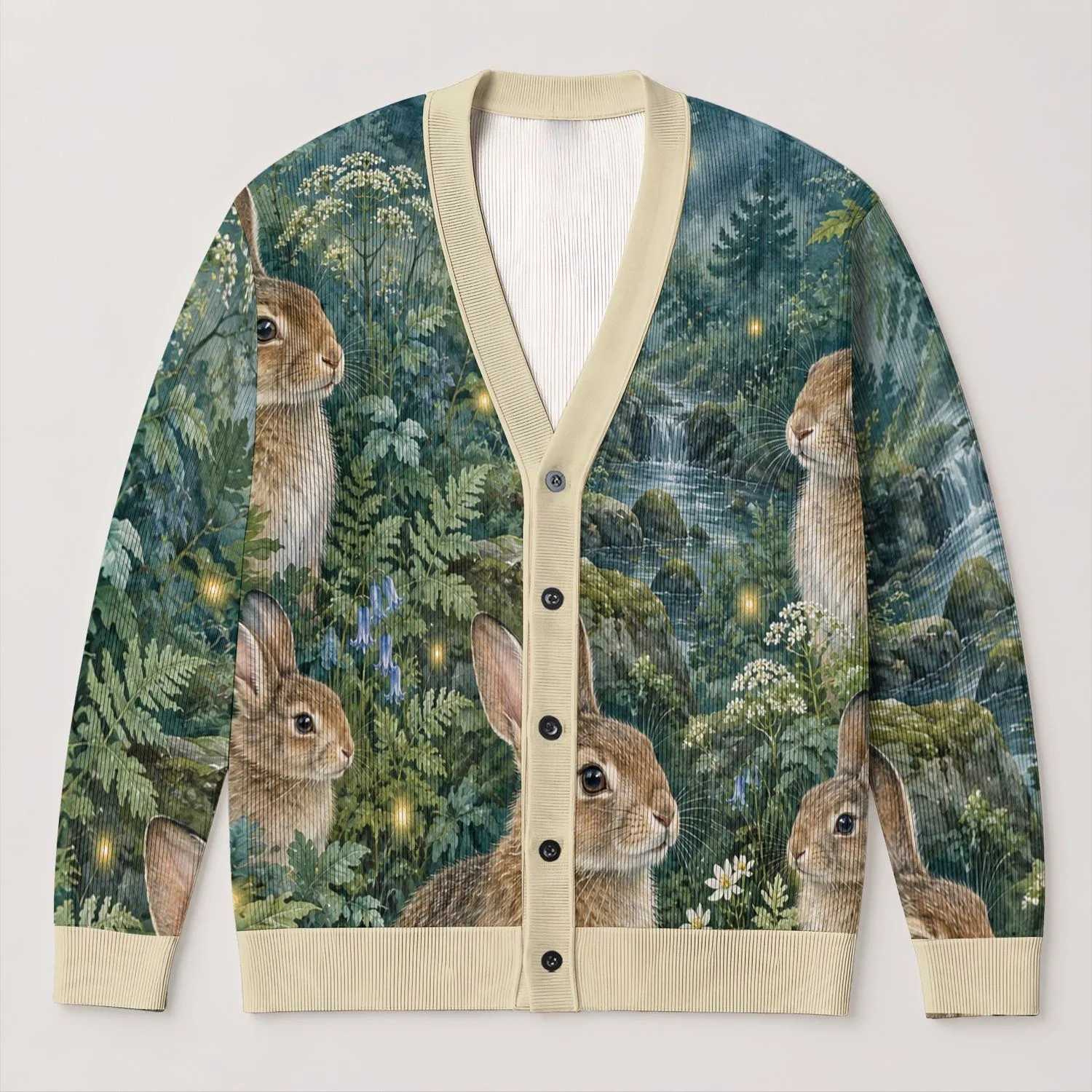 Woodland Rabbit Family Scene For Cozy Fall Layering And Nature-Loving Gift Giving All-over Print Knitted Cardigan - 1