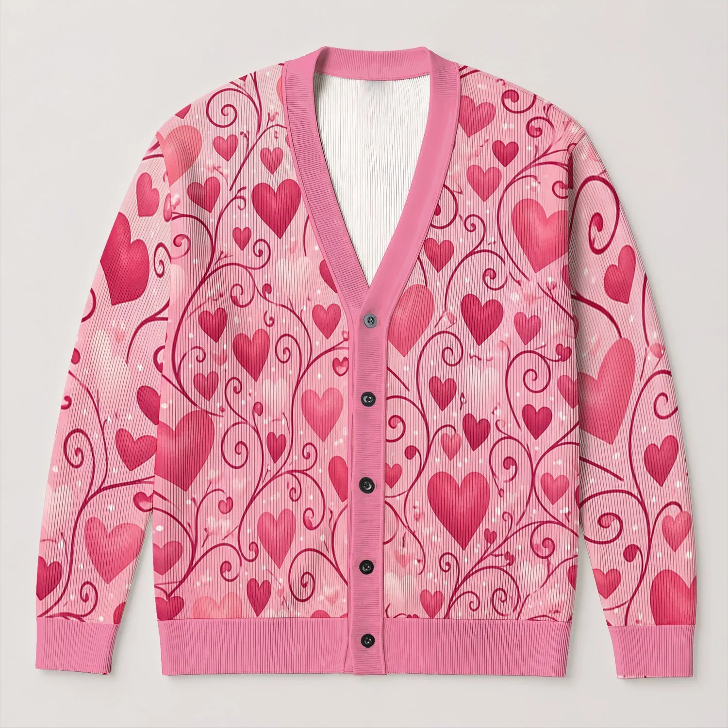 Pink Hearts And Swirls For Valentine Outings And Romantic Everyday Layering Style Wear All-over Print Knitted Cardigan - 1