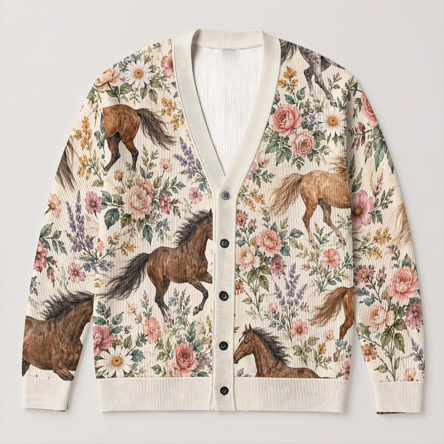 Wild Horse Floral Meadow Scene For Everyday Outings And Bohemian Women's Casual Style All-over Print Knitted Cardigan - 1