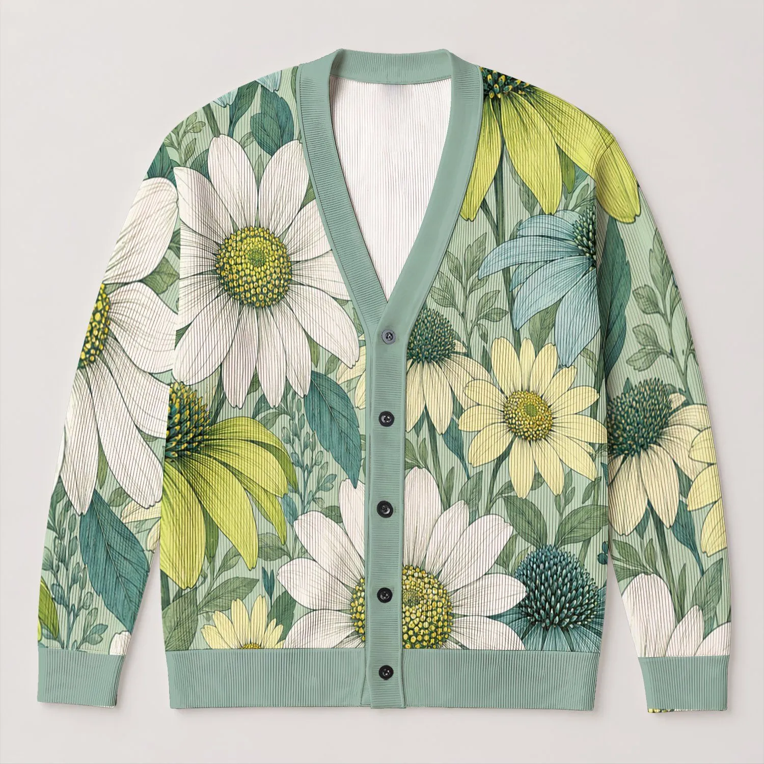 Lime Daisy Floral Botanical Spring Layering Style For Women Everyday Casual Wear All-over Print Knitted Cardigan - 1
