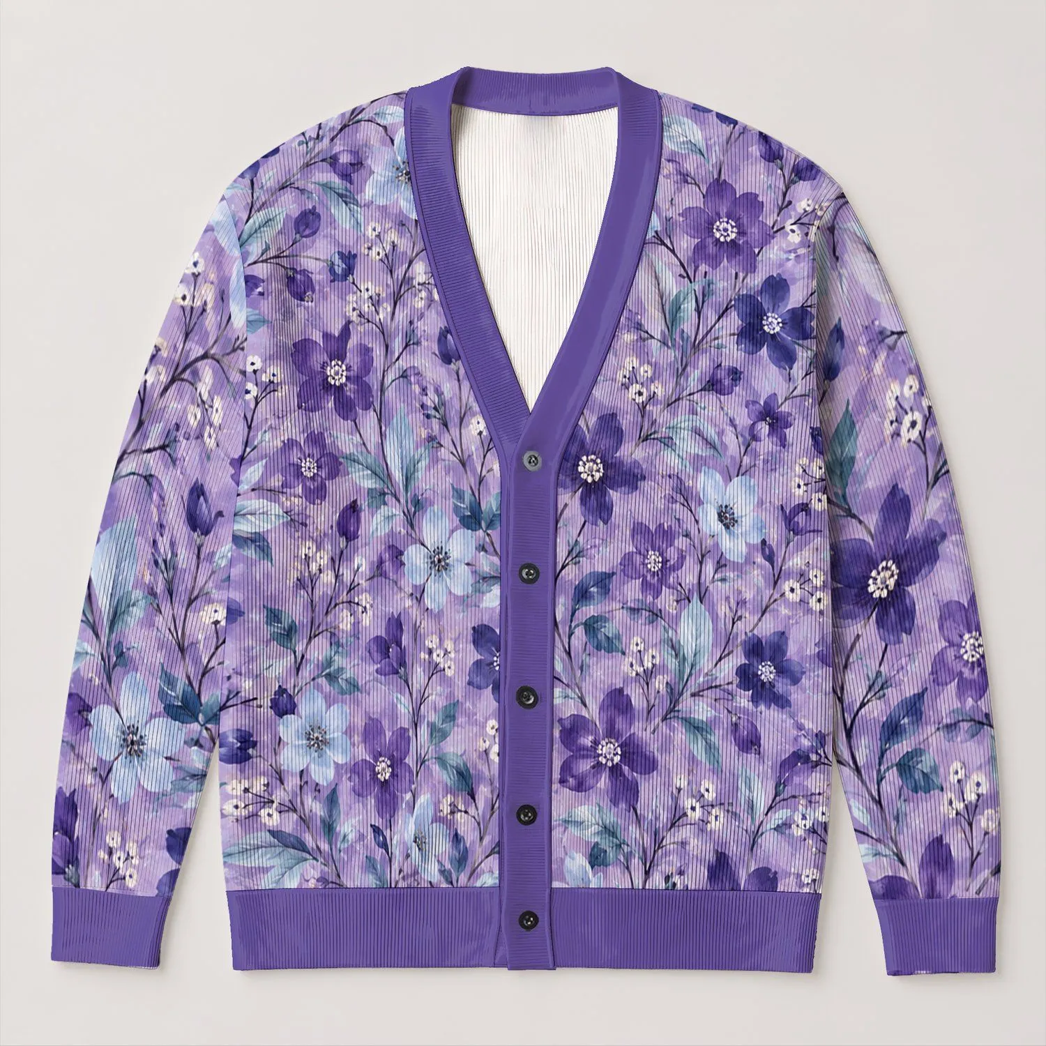 Lavender Violet Floral Blooms for Spring Layering and Relaxed Everyday Style Women All-over Print Knitted Cardigan - 1