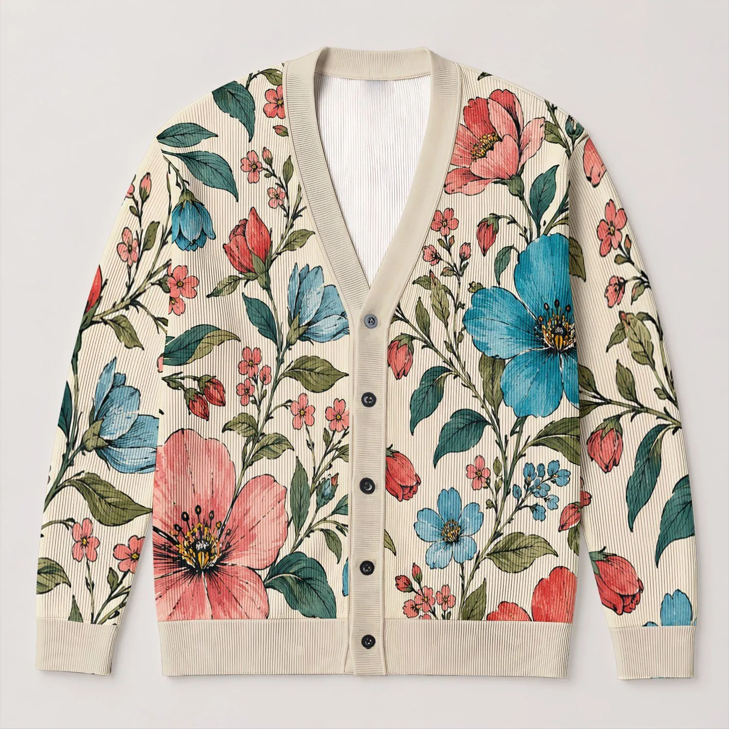 Hand-Drawn Coral Teal Wildflowers for Relaxed Spring Layering and Everyday Casual Style All-over Print Knitted Cardigan - 1