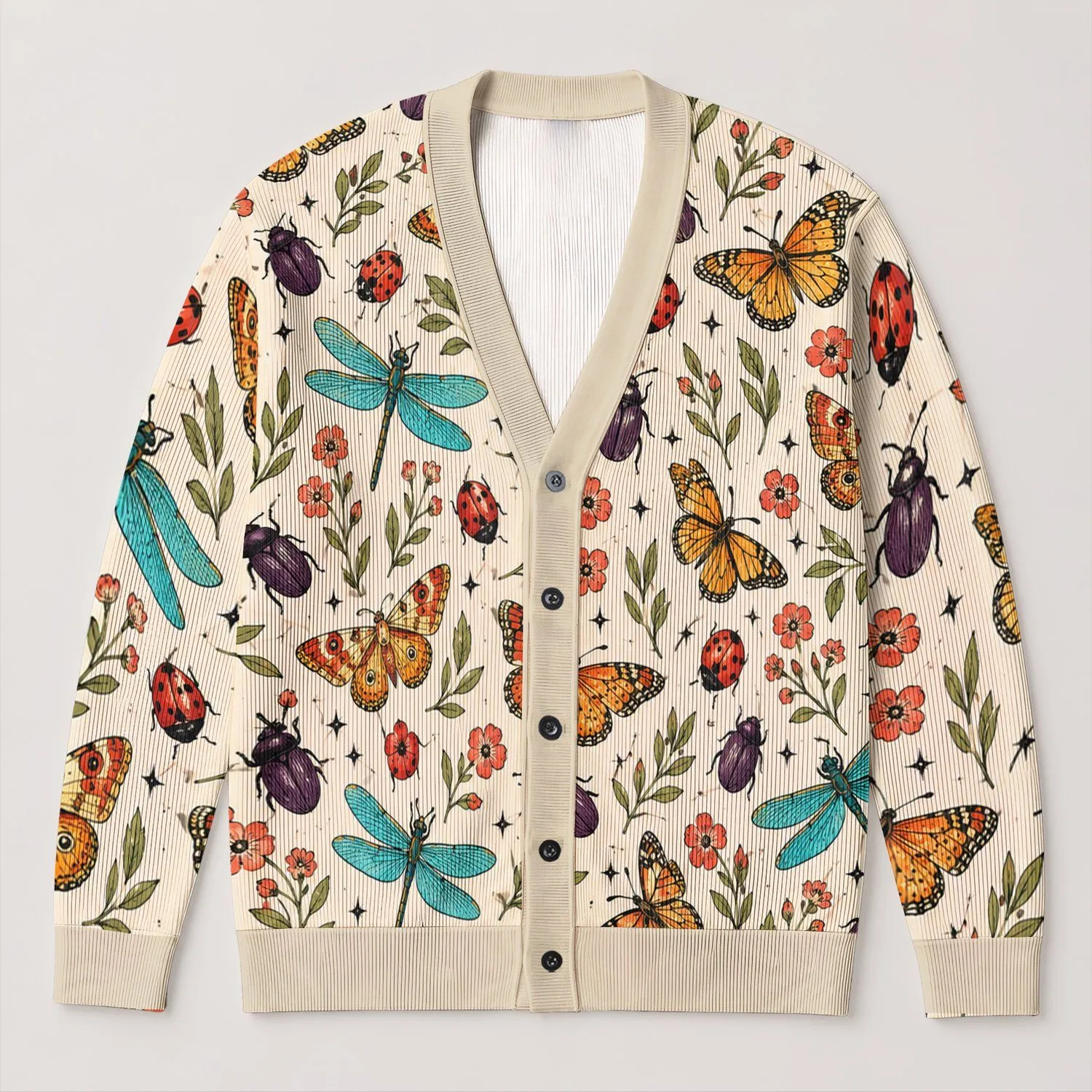 Colorful Dragonflies, Ladybugs And Butterflies For Casual Spring Nature Style Wear All-over Print Knitted Cardigan - 1