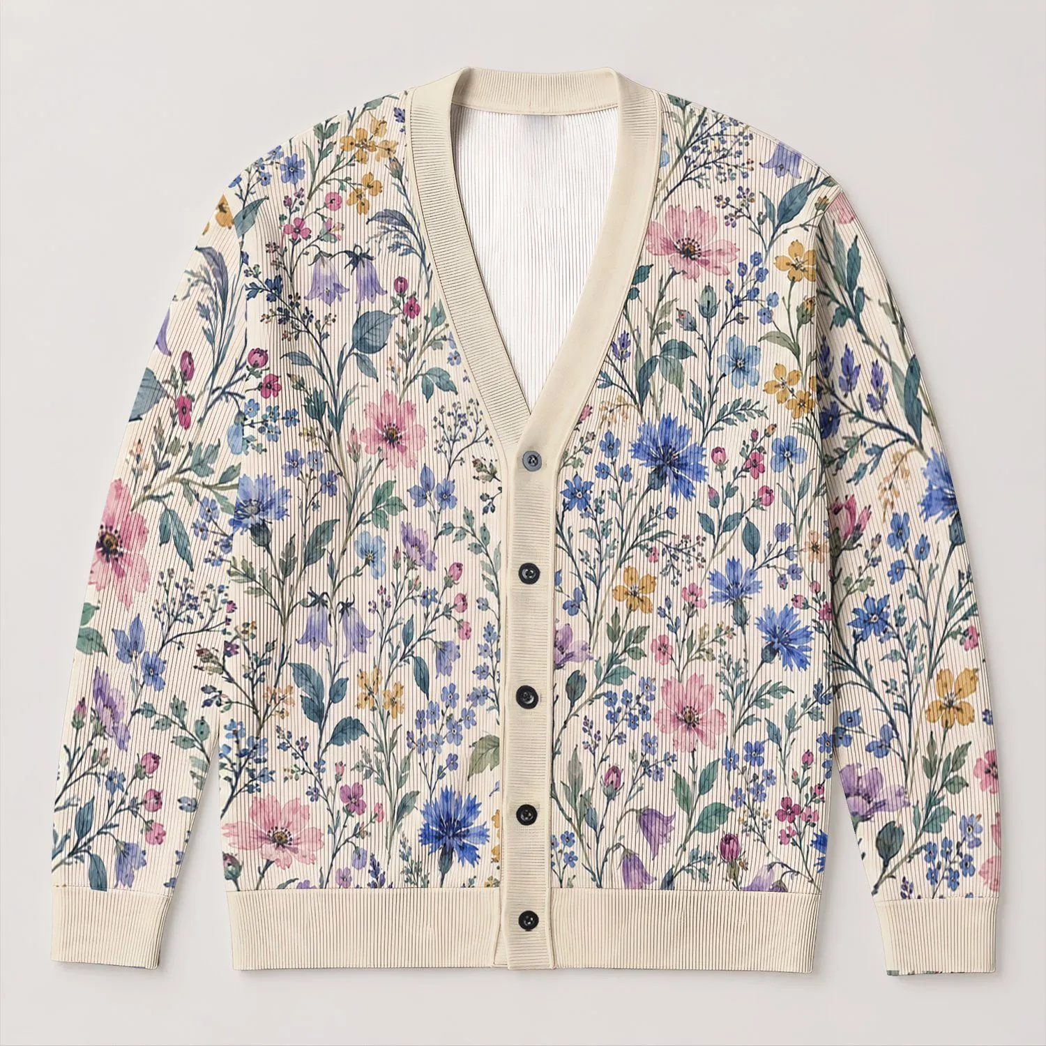 Blue And Lavender Wildflower Bouquet For Everyday Layering, Women's Relaxed Casual Style All-over Print Knitted Cardigan - 1