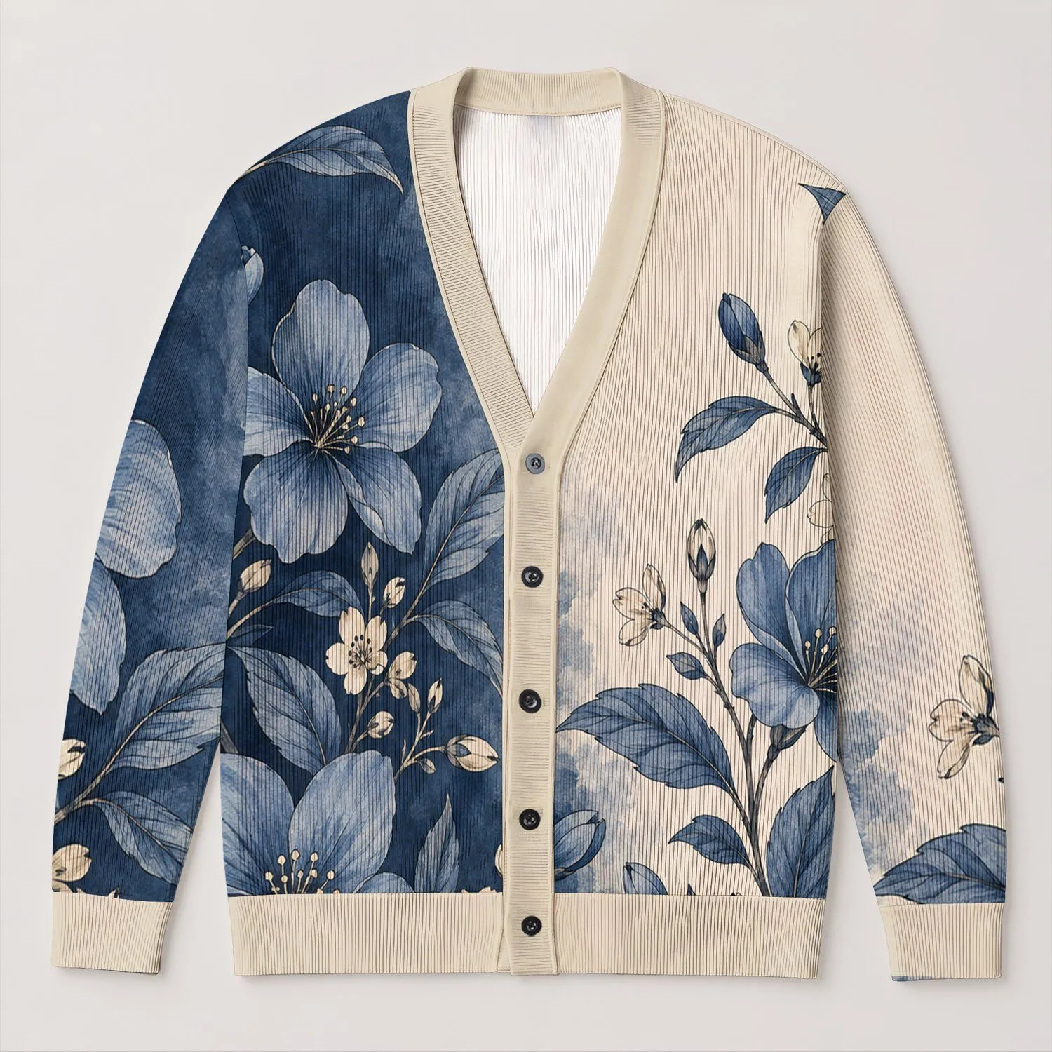 Blue Botanical Blooms For Cozy Autumn Layering And Relaxed Women’s Everyday Style All-over Print Knitted Cardigan - 1