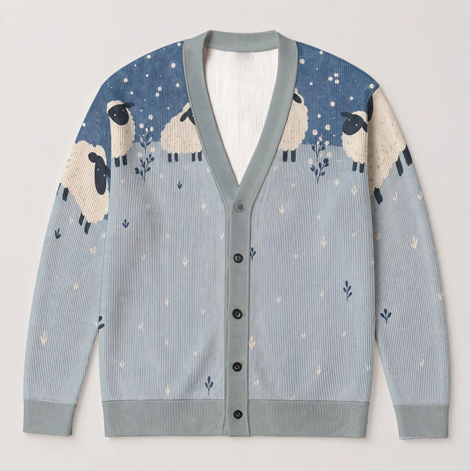 Blue Sheep Winter Motif For Cozy Weekend Layering And Casual Country Style Outfit All-over Print Knitted Cardigan - 1