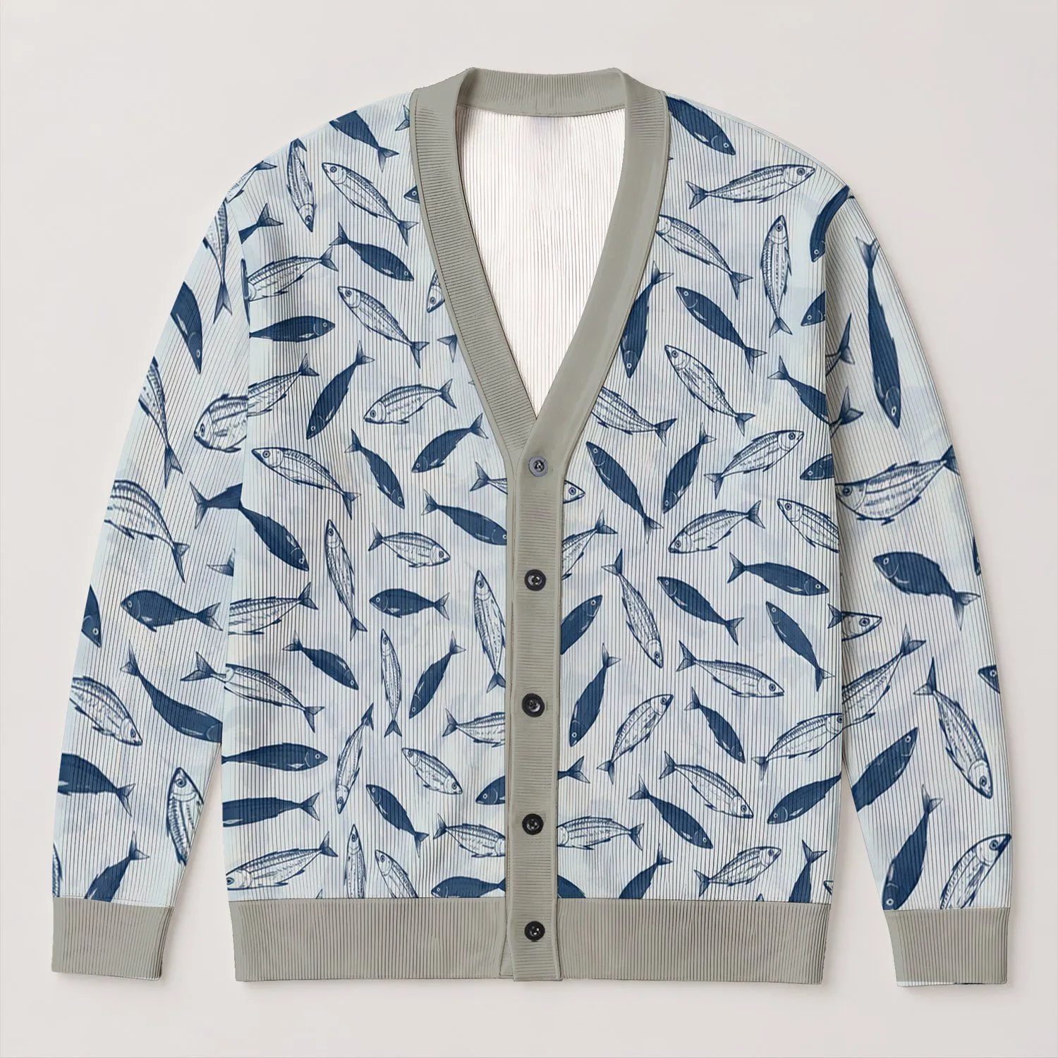 Indigo Fish Motif for Relaxed Coastal Layering and Everyday Autumn Style for Women All-over Print Knitted Cardigan - 1