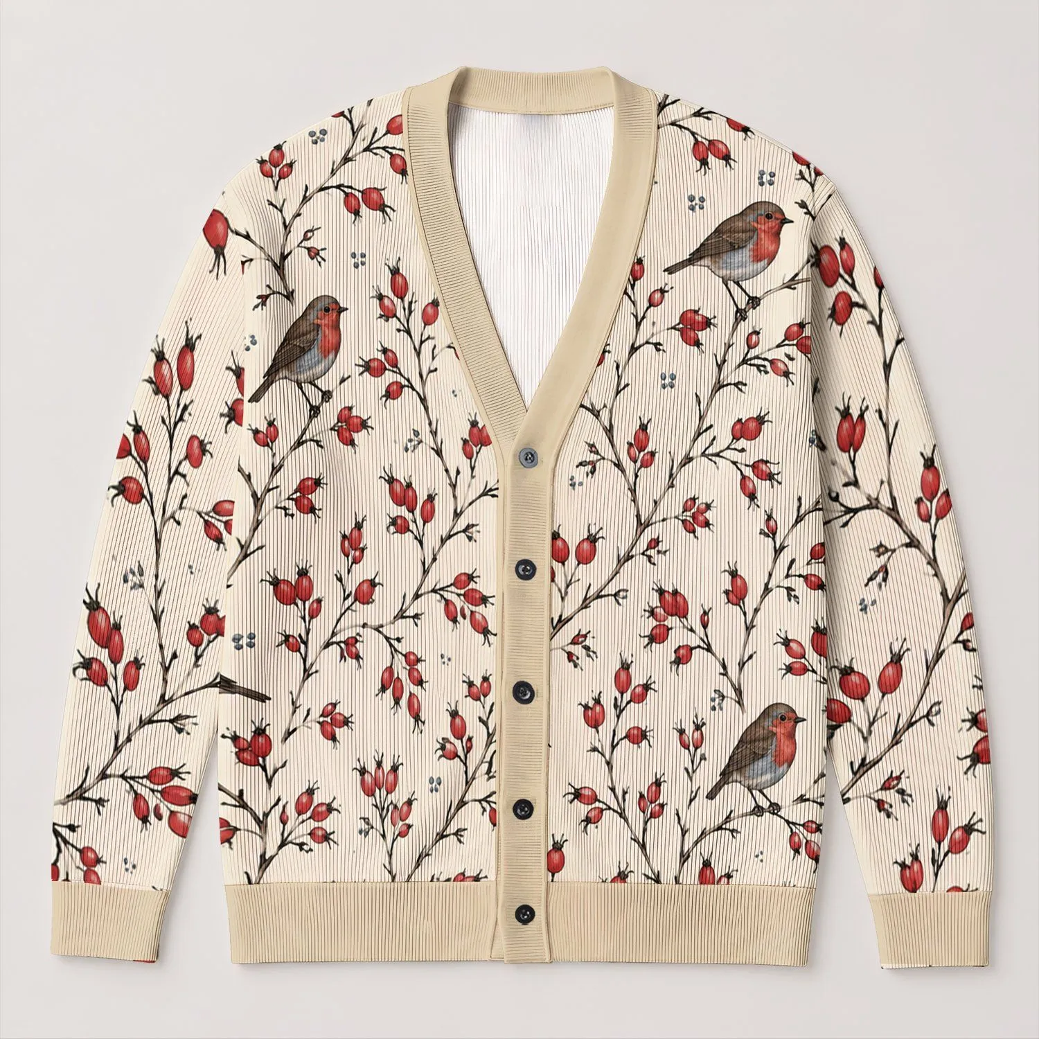 Red-Breasted Birds And Berry Branches For Cozy Autumn Layering, Women's Woodland Style All-over Print Knitted Cardigan - 1