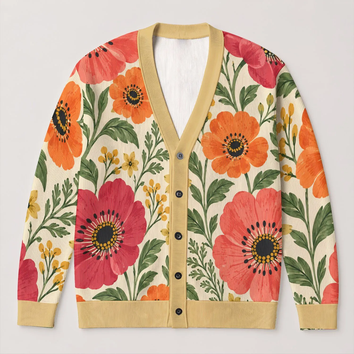 Coral Poppy Garden Blooms for Cozy Autumn Layering and Colorful Women's Everyday Style All-over Print Knitted Cardigan - 1