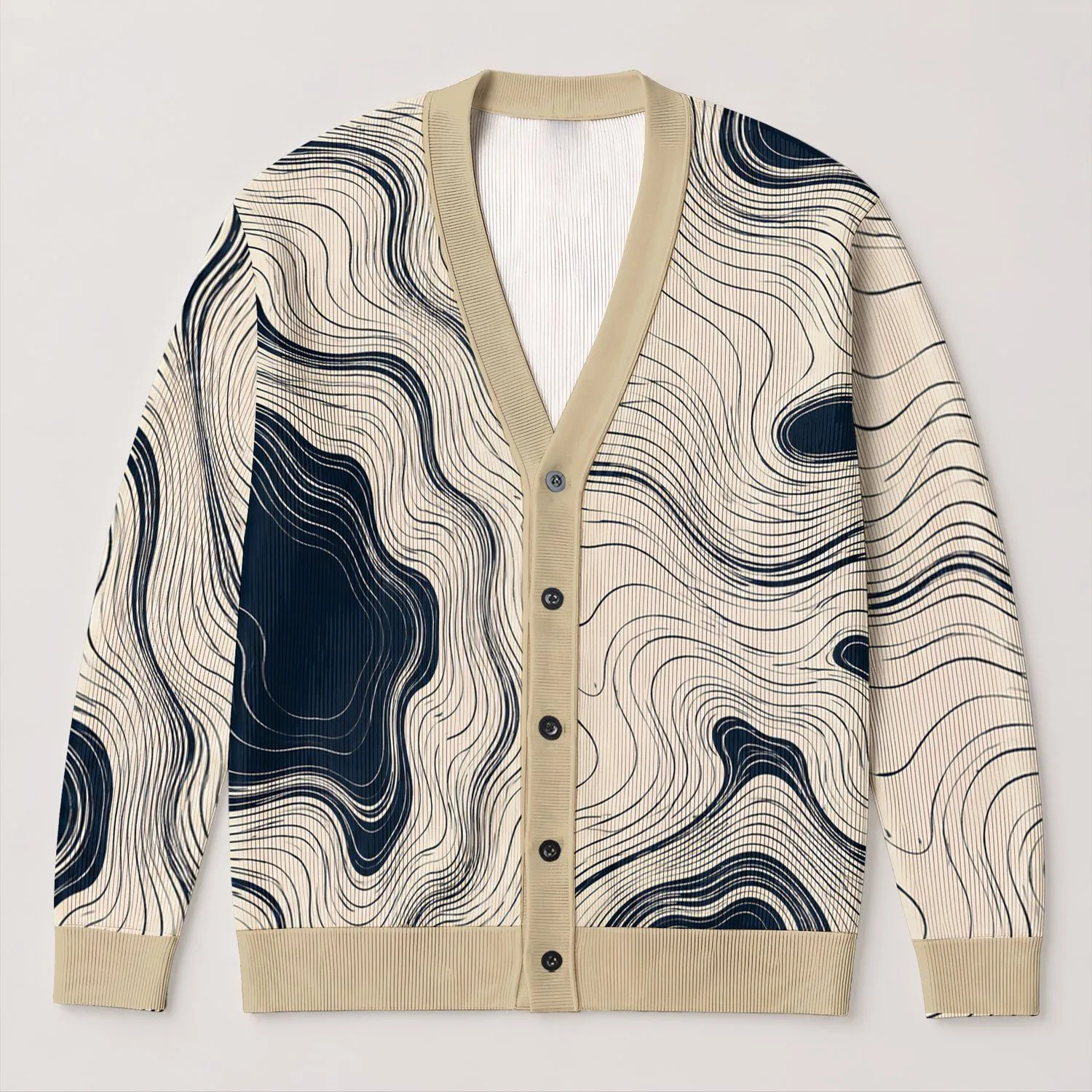 Navy Contour Waves for Relaxed Autumn Layering, Women's Topographic Wardrobe Style All-over Print Knitted Cardigan - 1